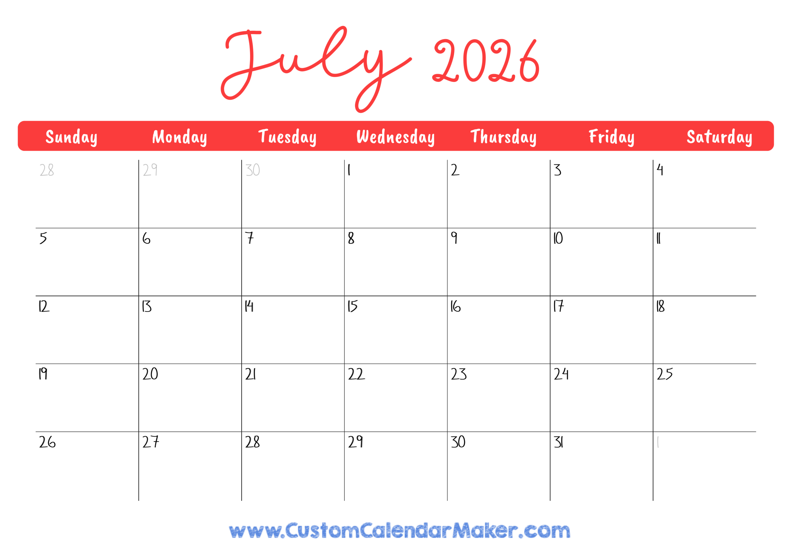 July 2026 Printable Calendar 23 Free Templates PDF Custom 