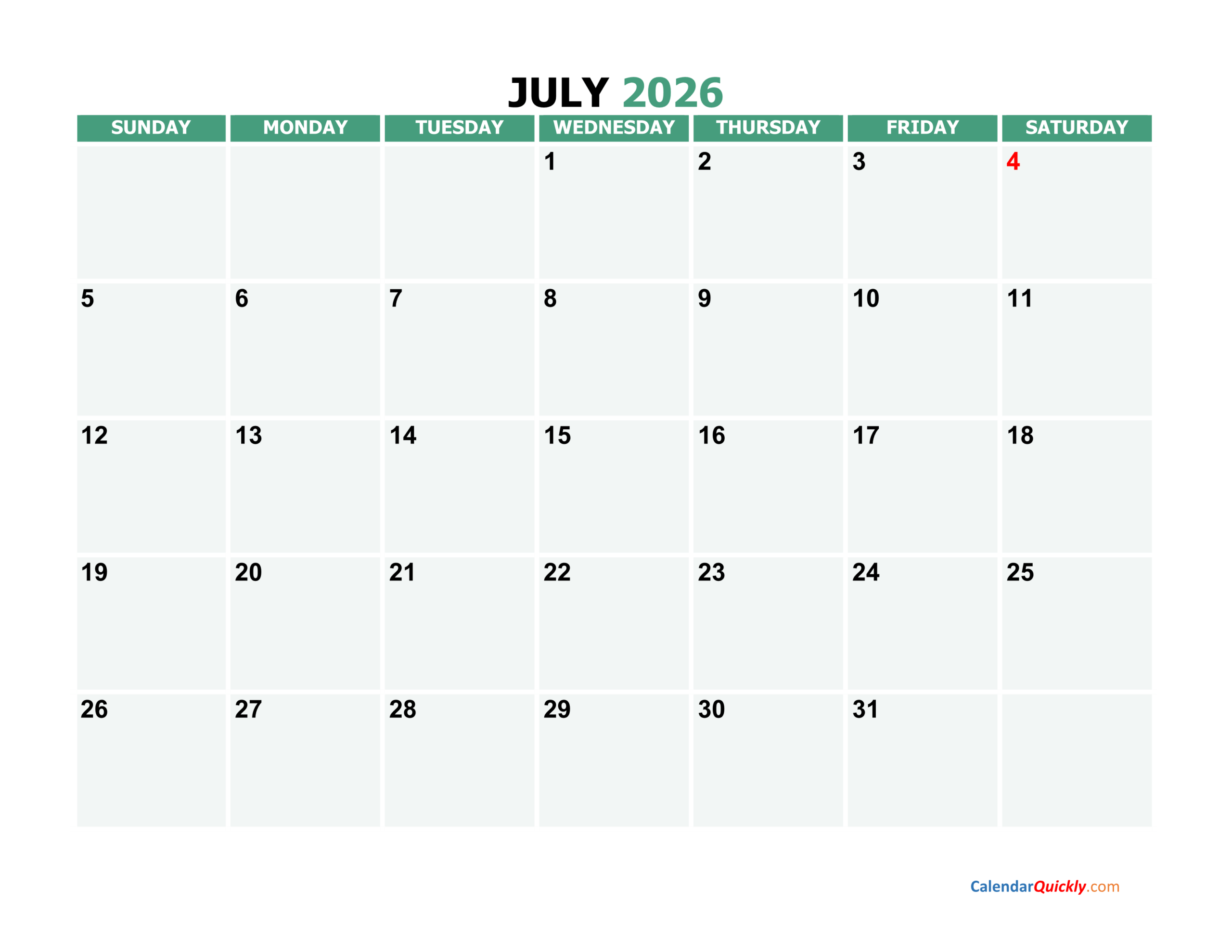 July 2026 Printable Calendar Calendar Quickly