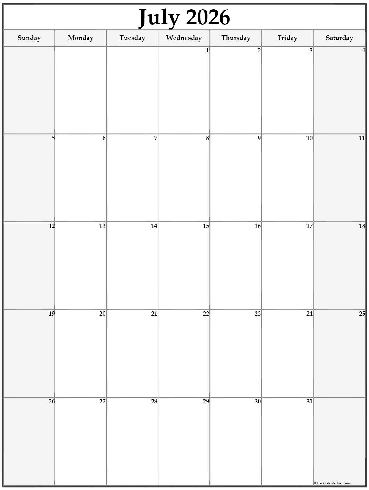 July 2026 Blank Calendar Printable