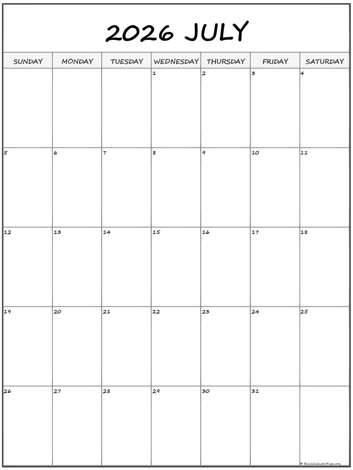 July 2026 Vertical Calendar Portrait