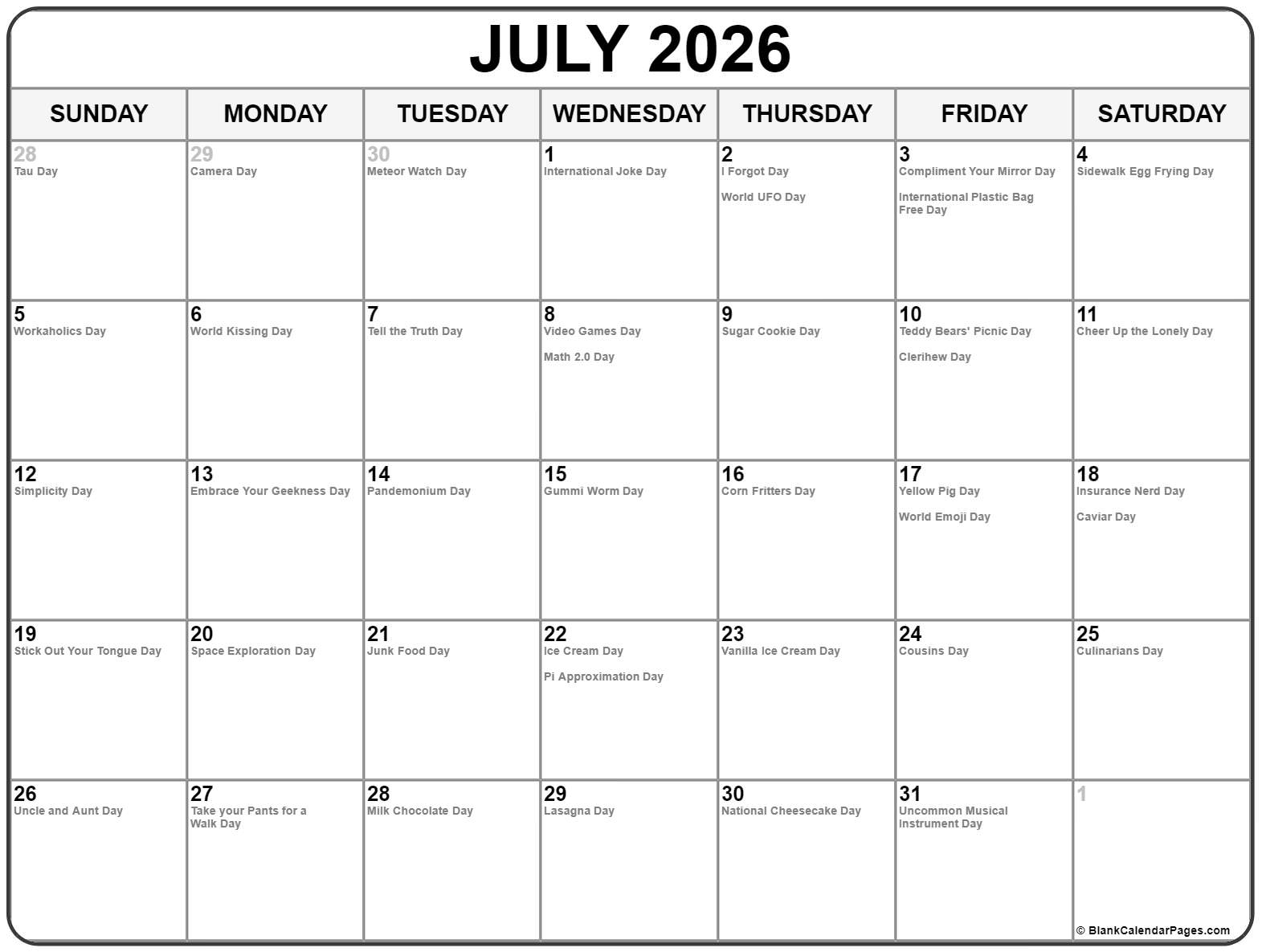 July 2026 With Holidays Calendar