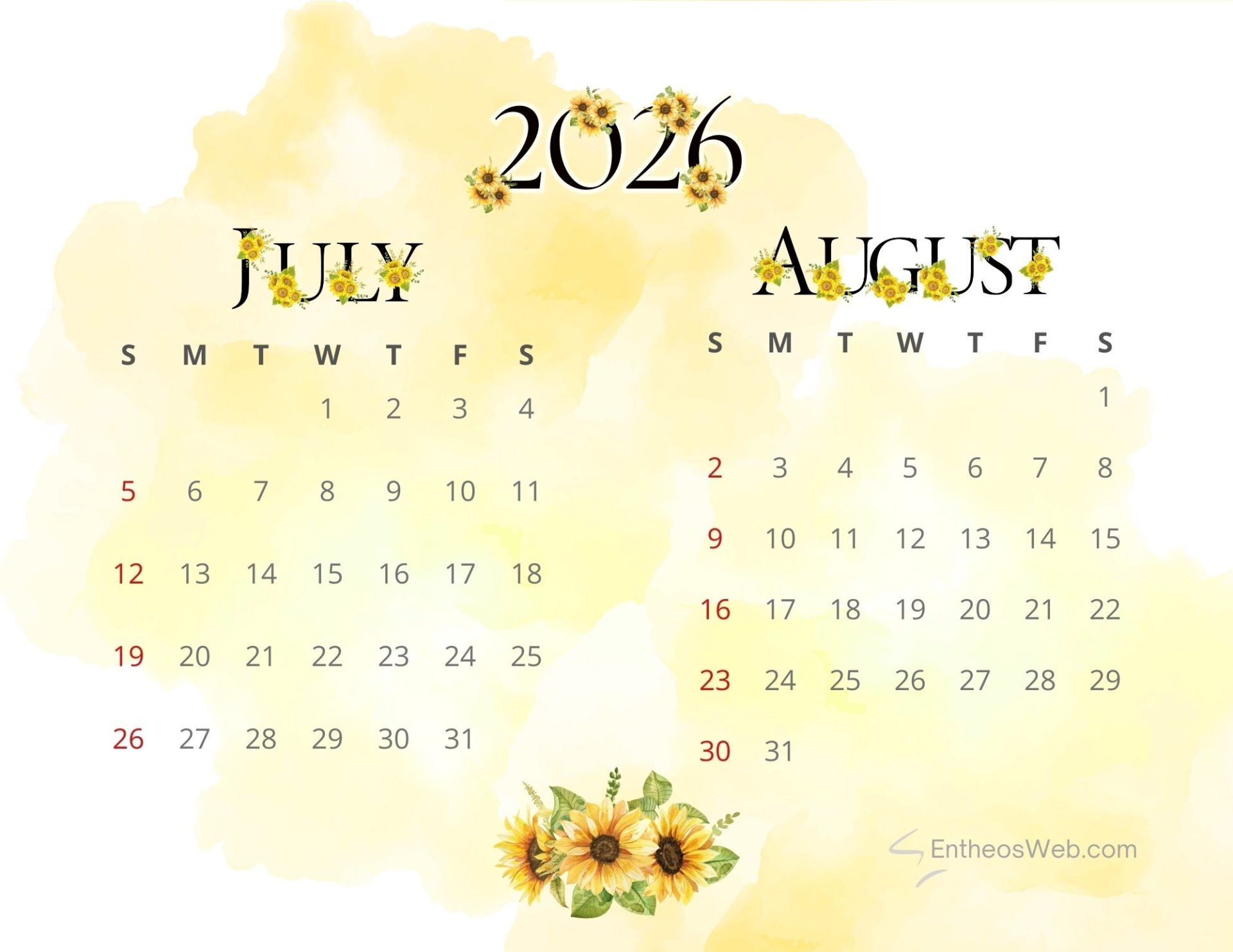 July amp August 2026 2 Month Calendars EntheosWeb