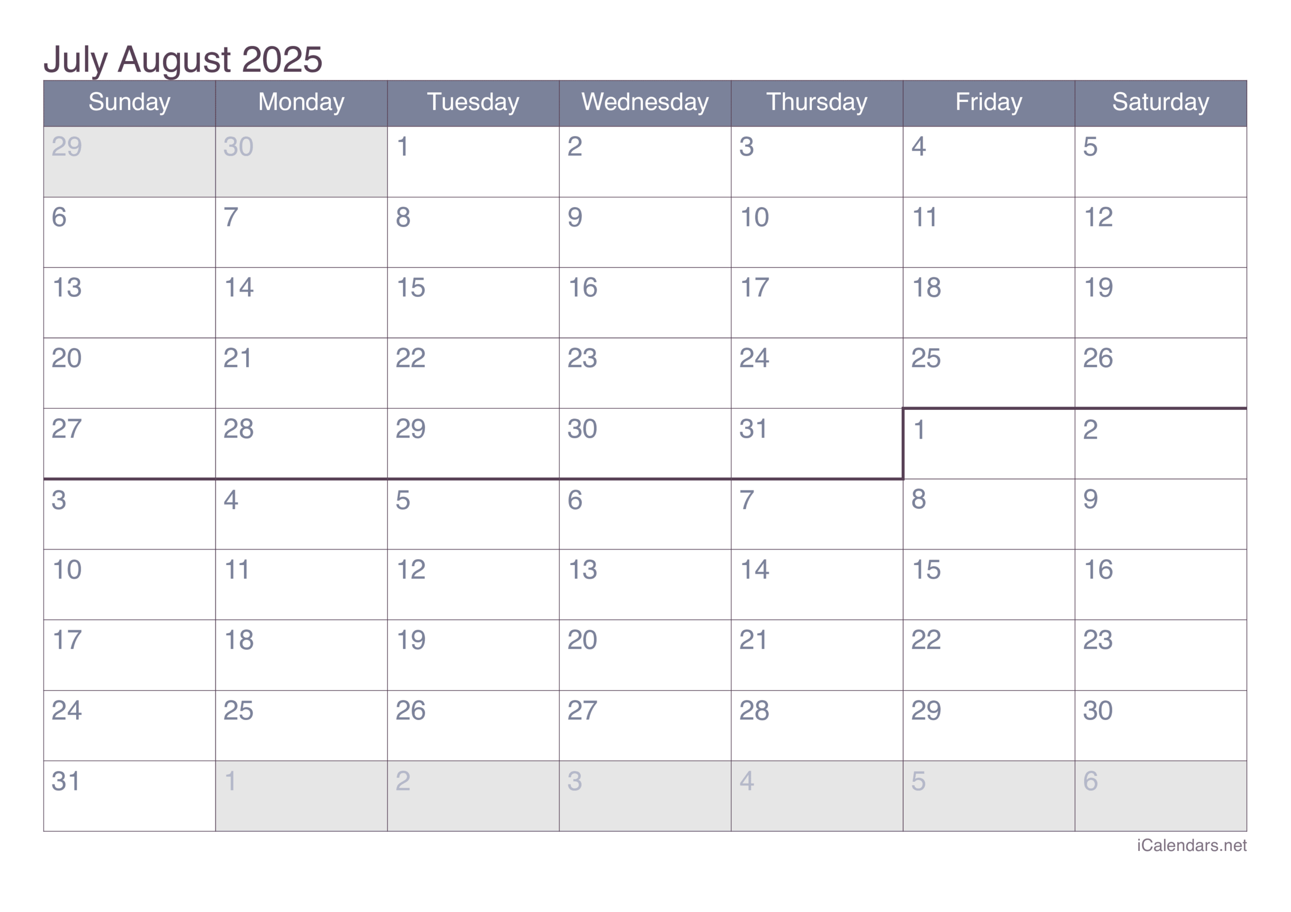 Printable June July August 2025 Calendar