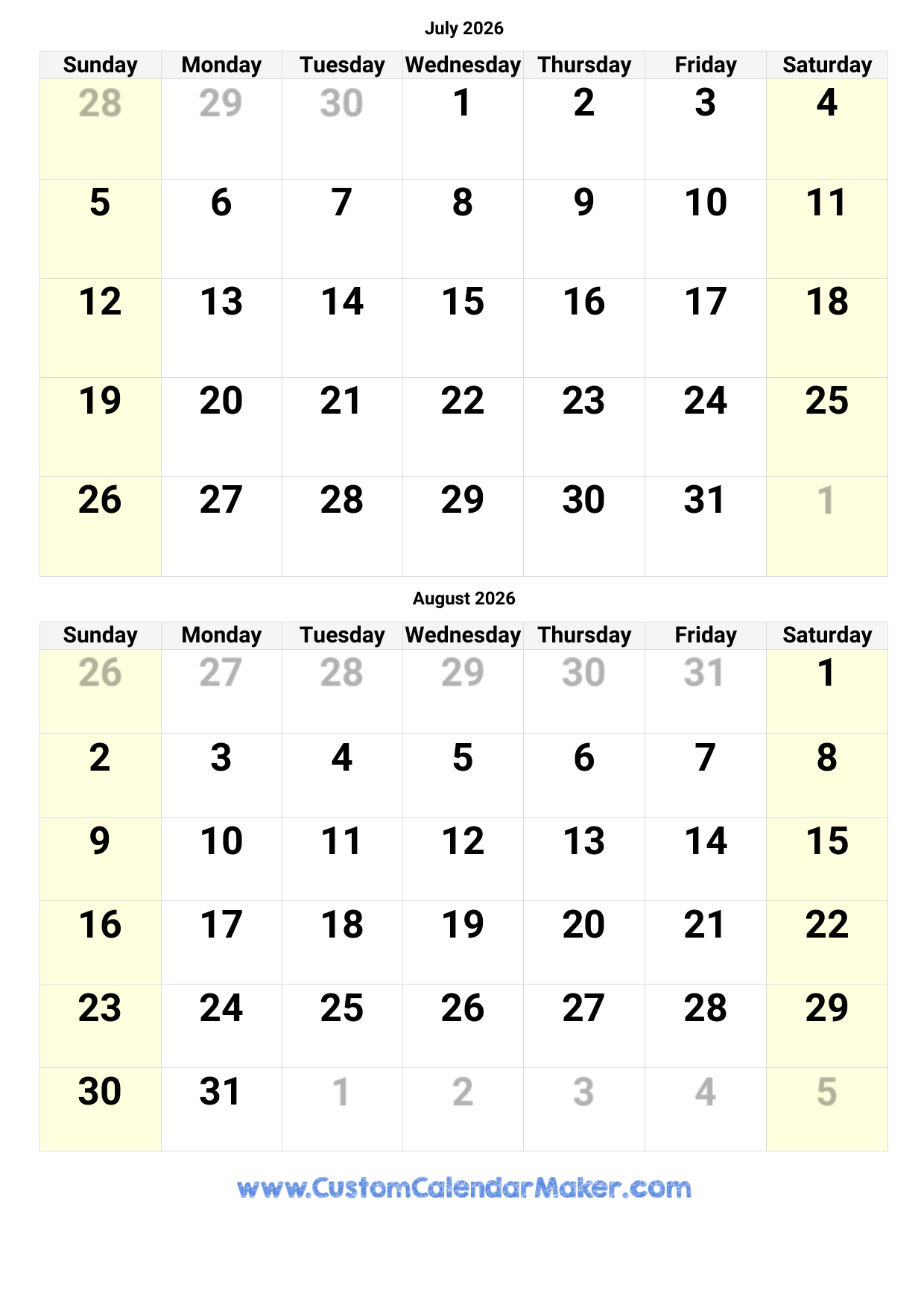 June July August Calendar 2026