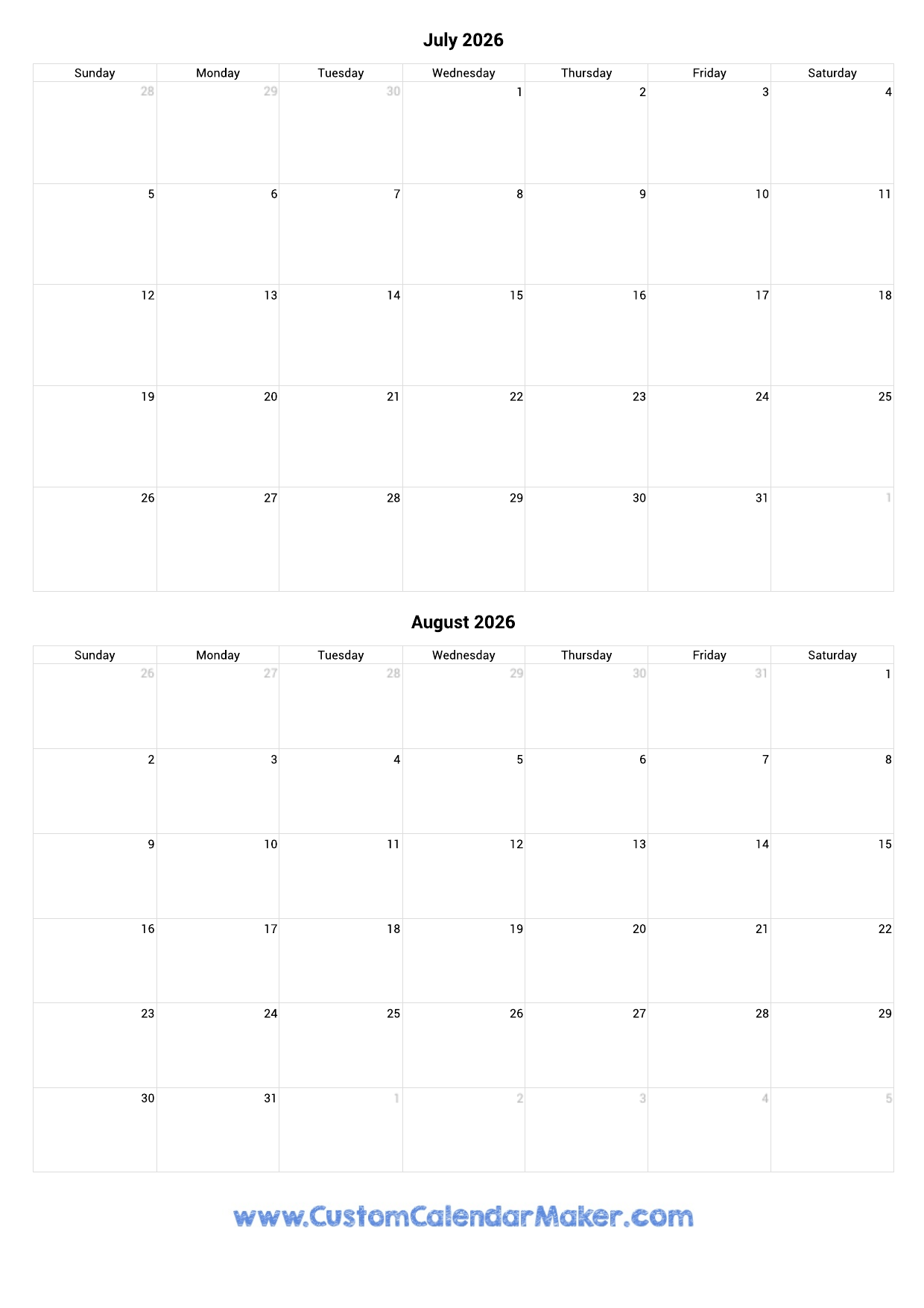 Calendar For July And August 2026