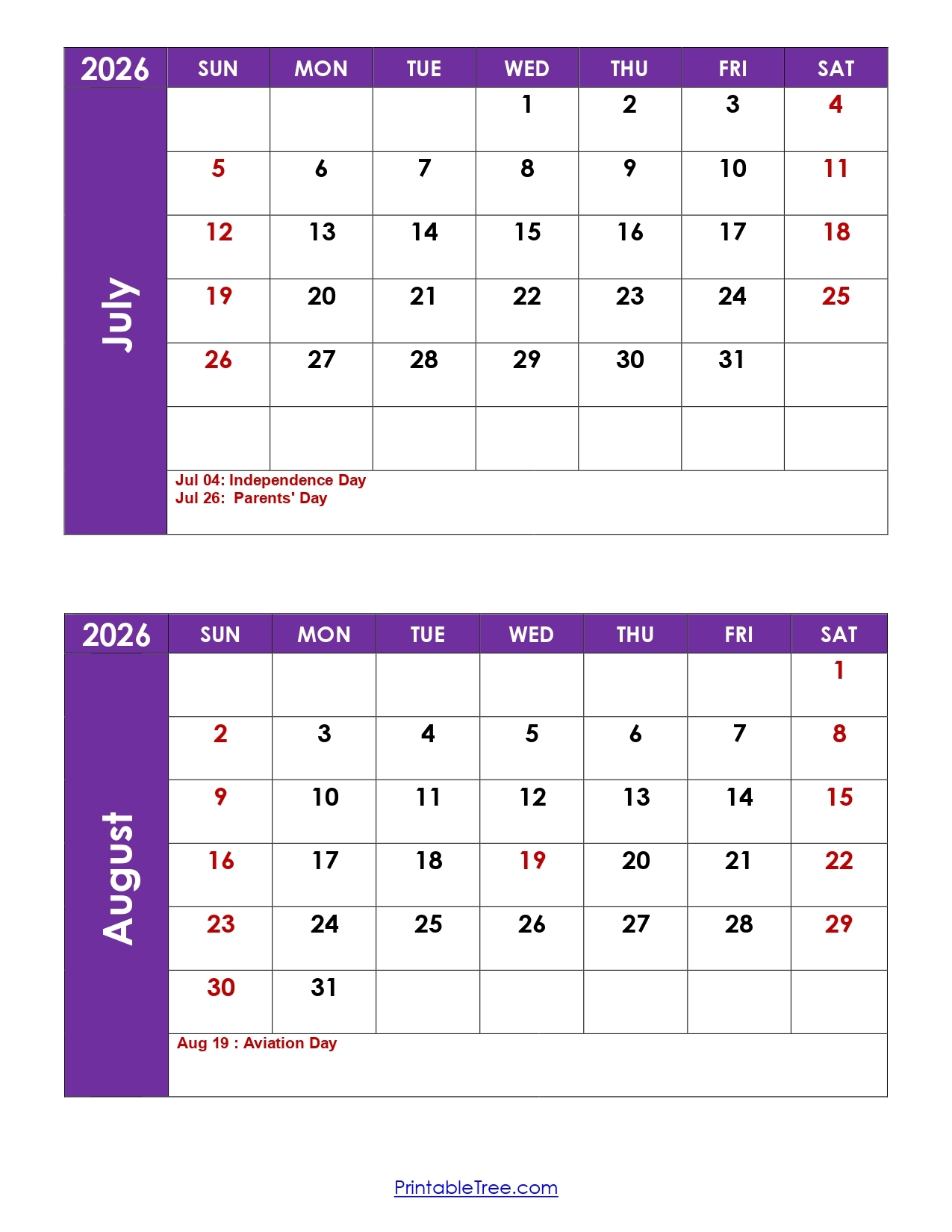 Calendar June July August 2026