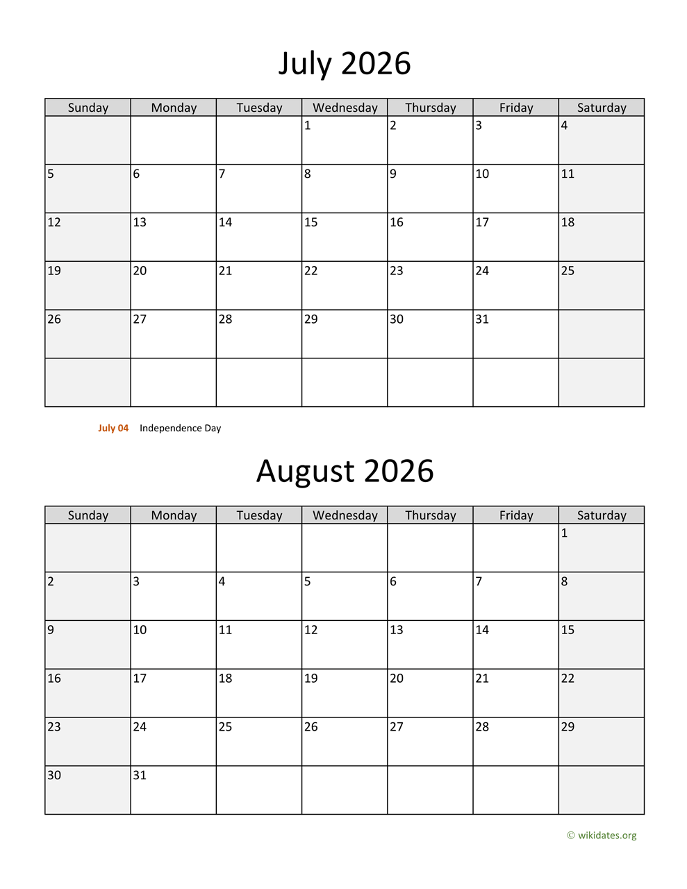 Printable Calendar June July August 2026