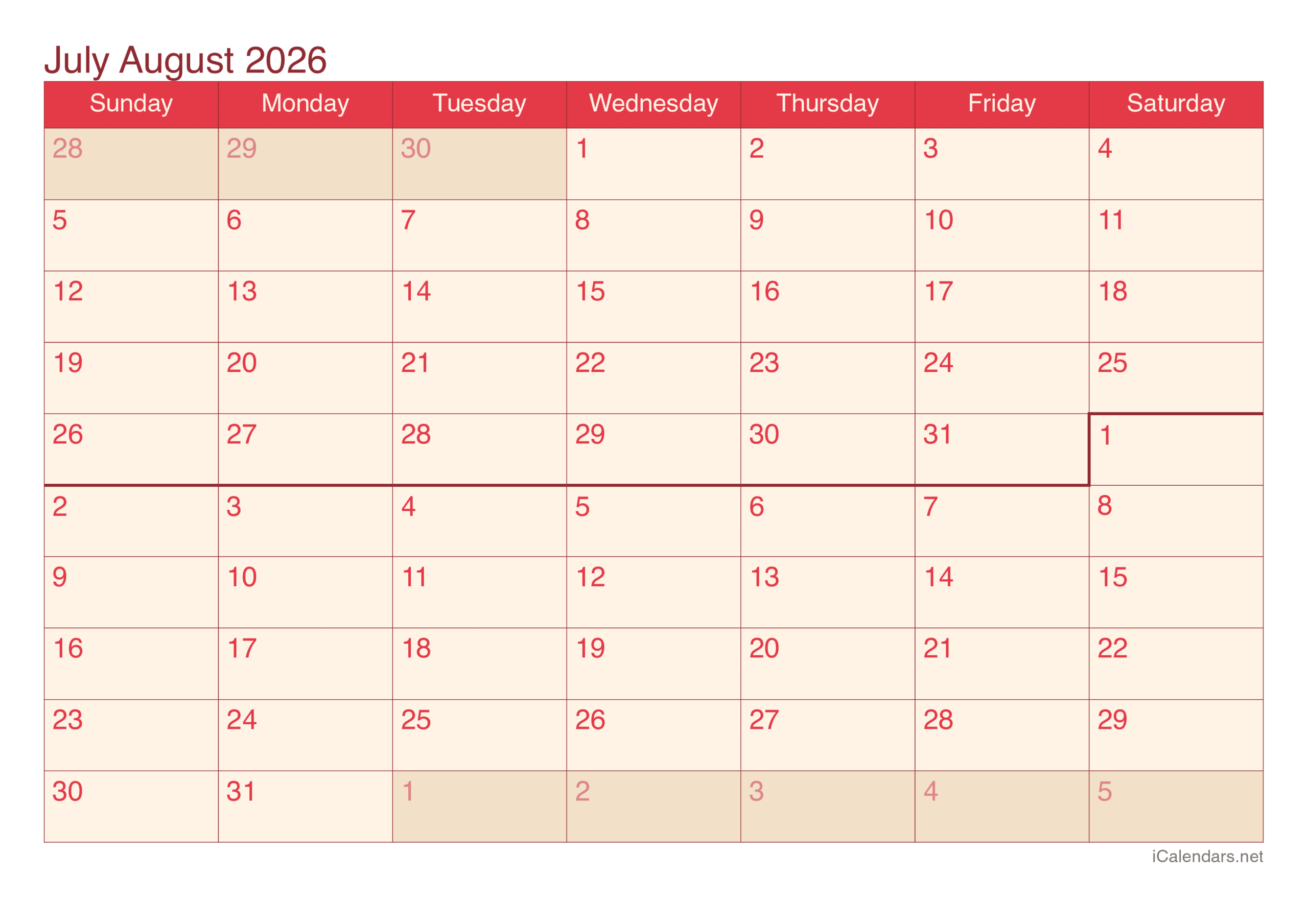 July And August 2026 Printable Calendar