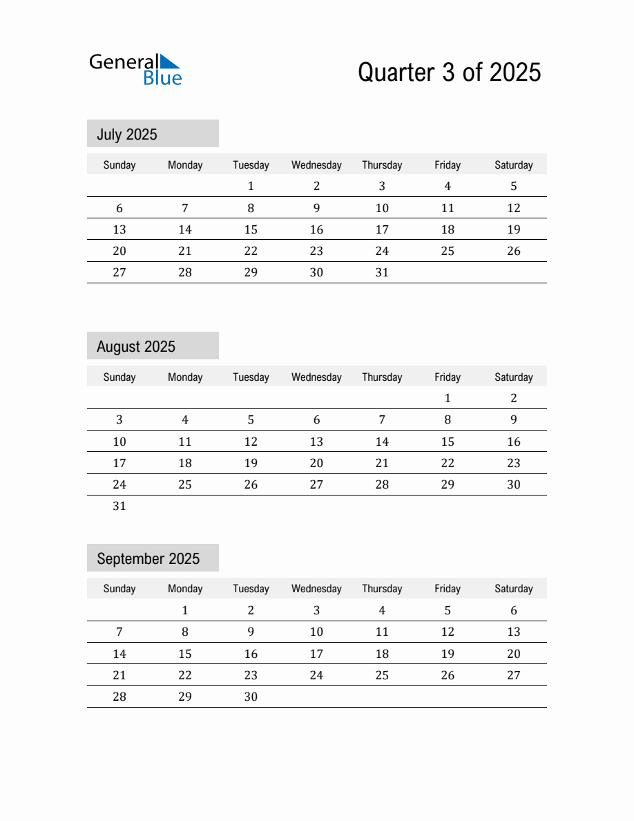 July August And September 2025 Calendar Template