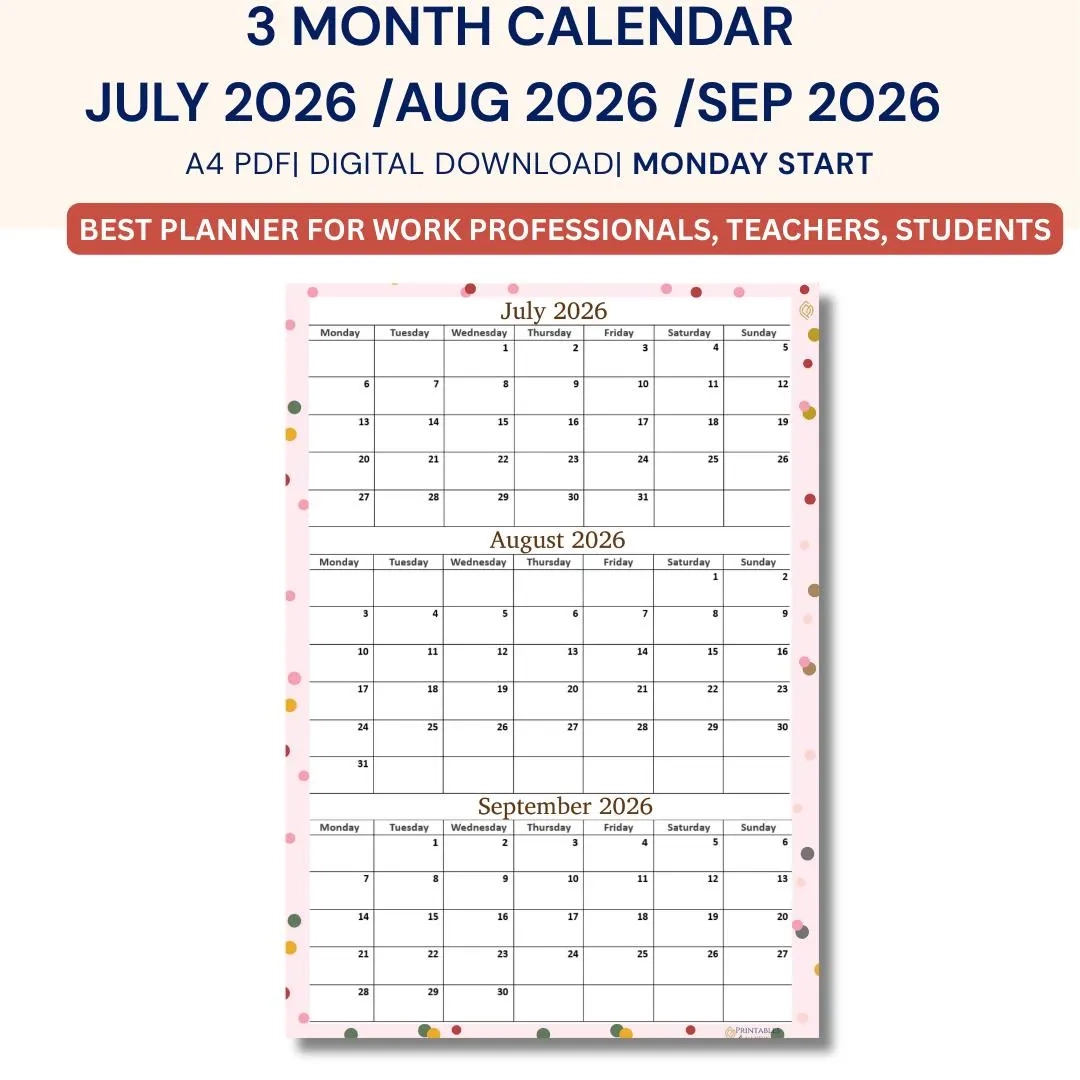 3 Month Calendar June July August 2026