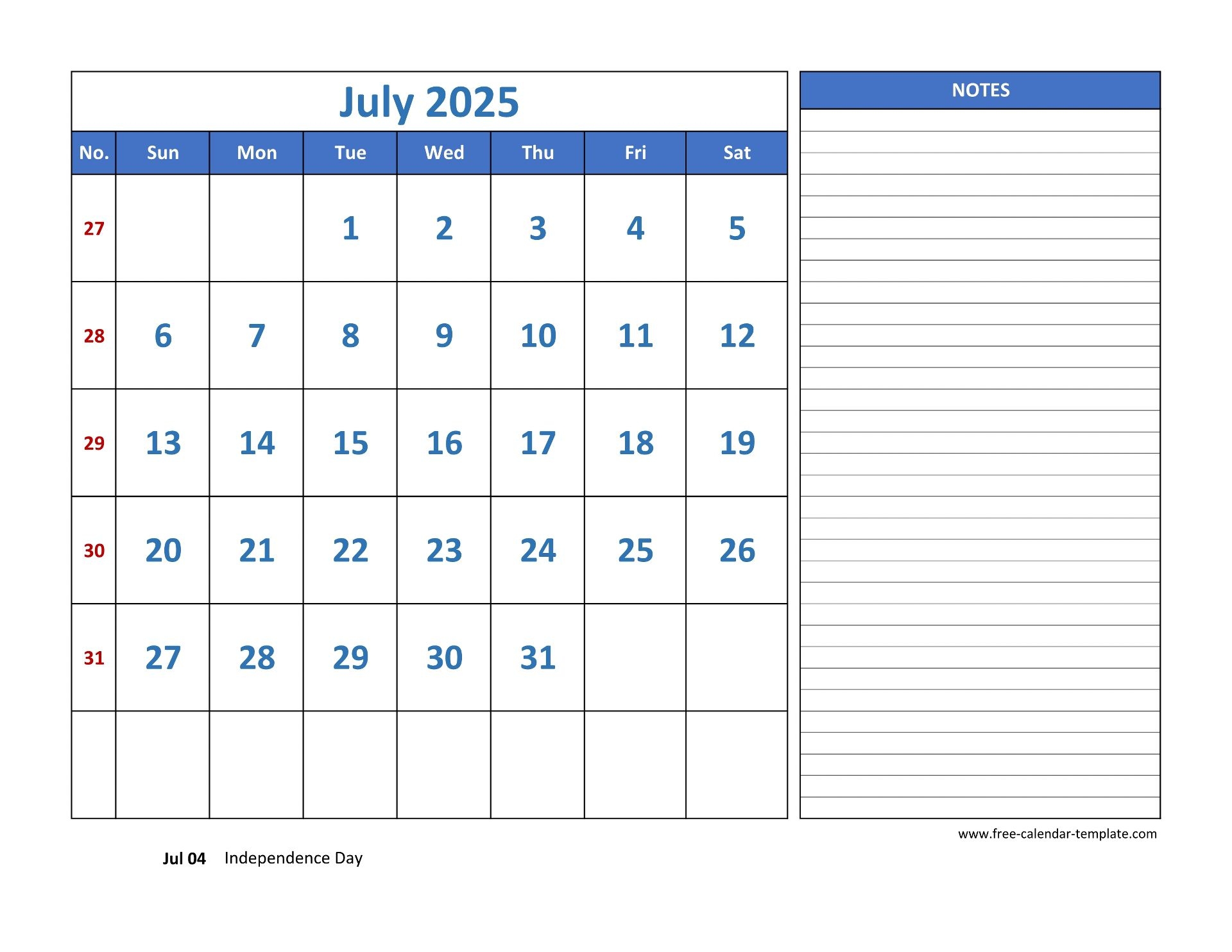 July 2025 Calendar With Notes
