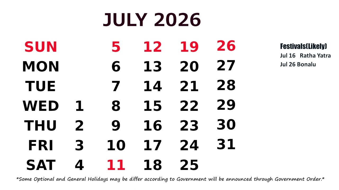 July Calendar 2026 YouTube