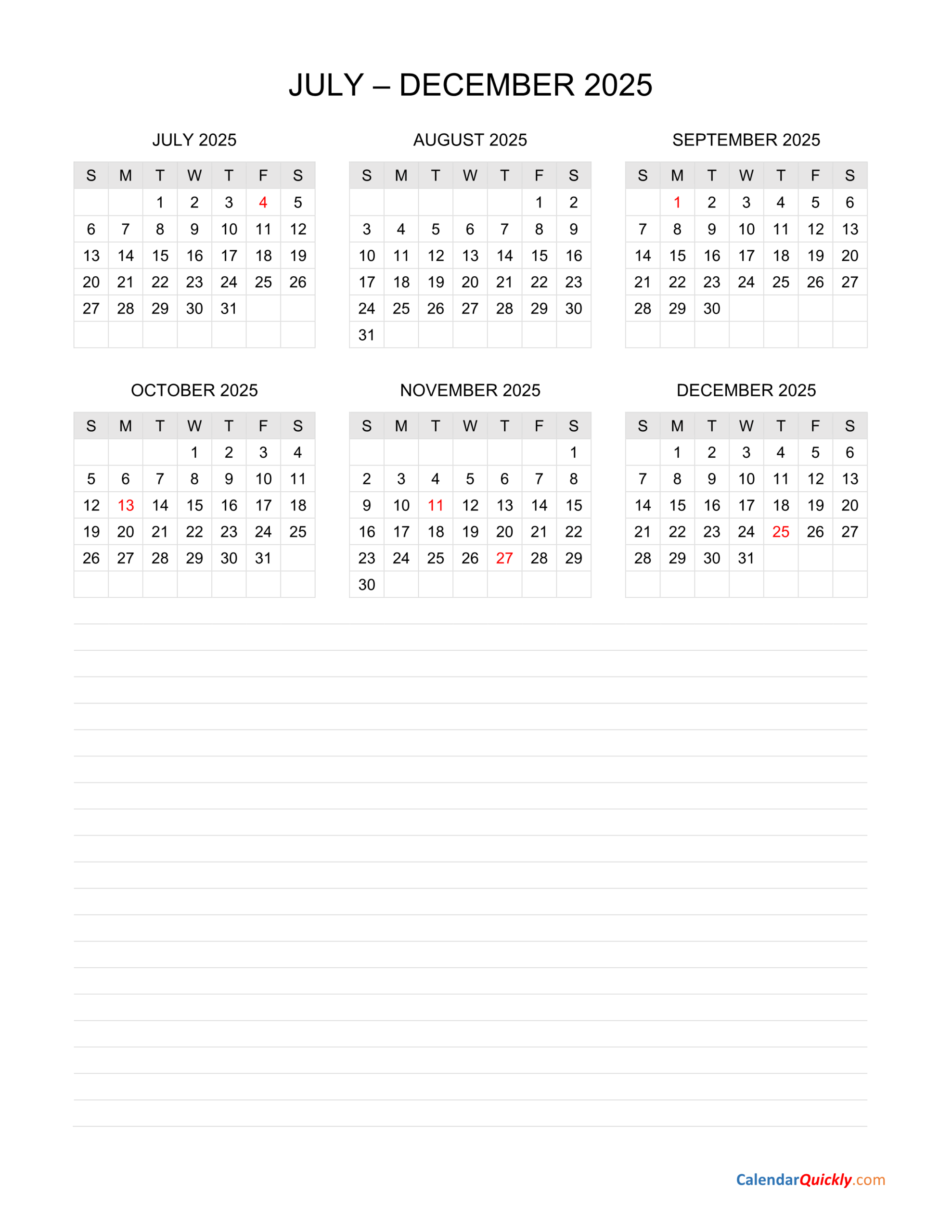 July - December 2025 Calendar