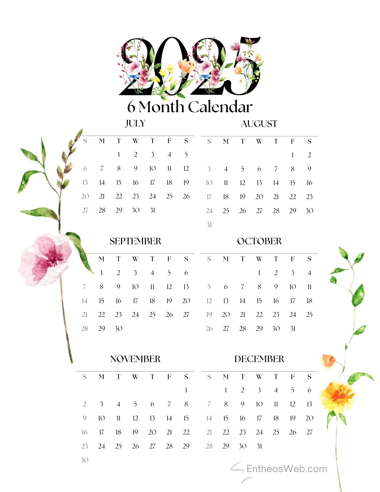 July To December 2026 6 Month Calendar Printable EntheosWeb