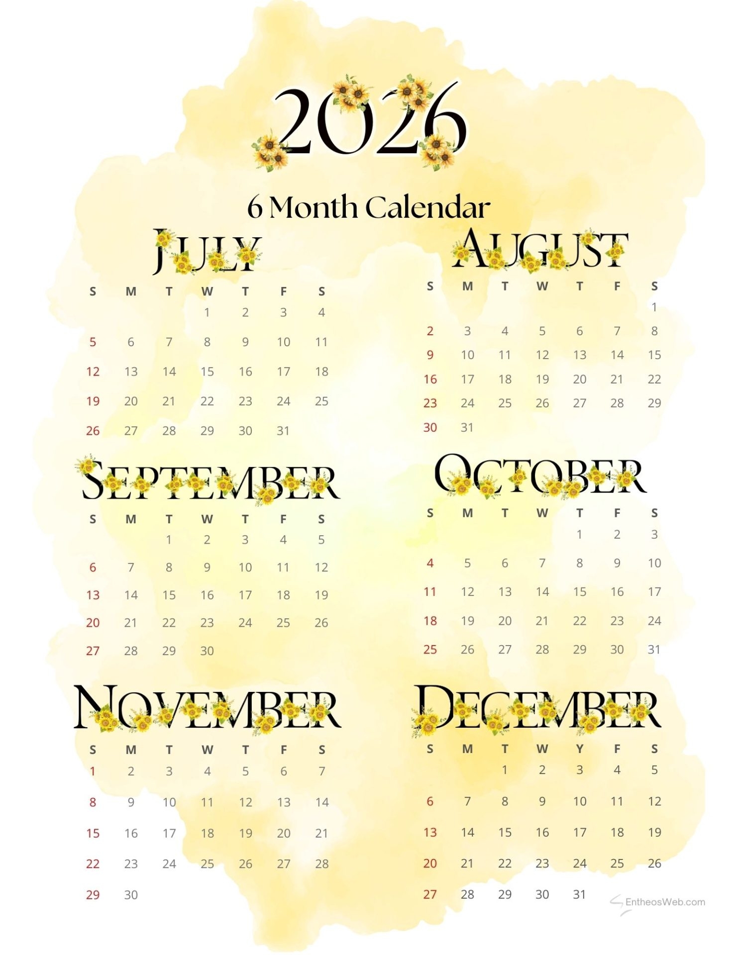 July To December 2026 6 Month Calendar Printable EntheosWeb