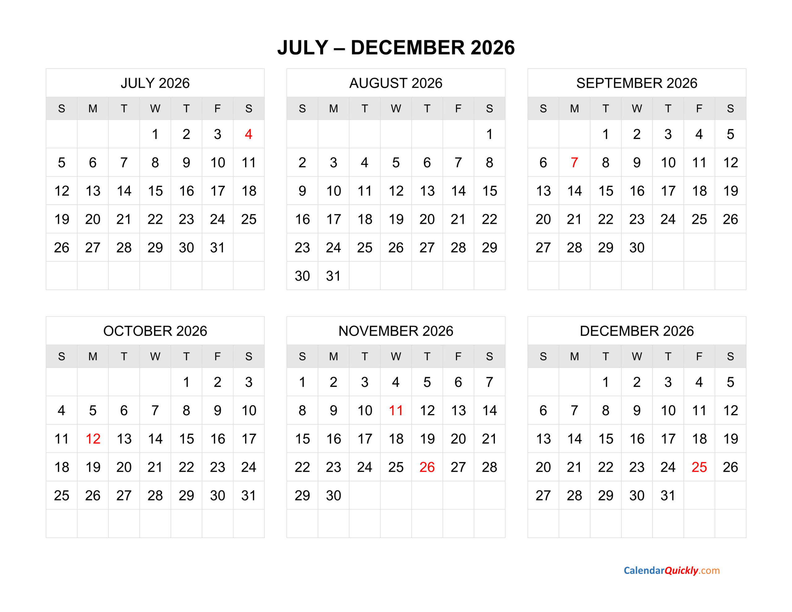 July To December 2026 Calendar Horizontal Calendar Quickly