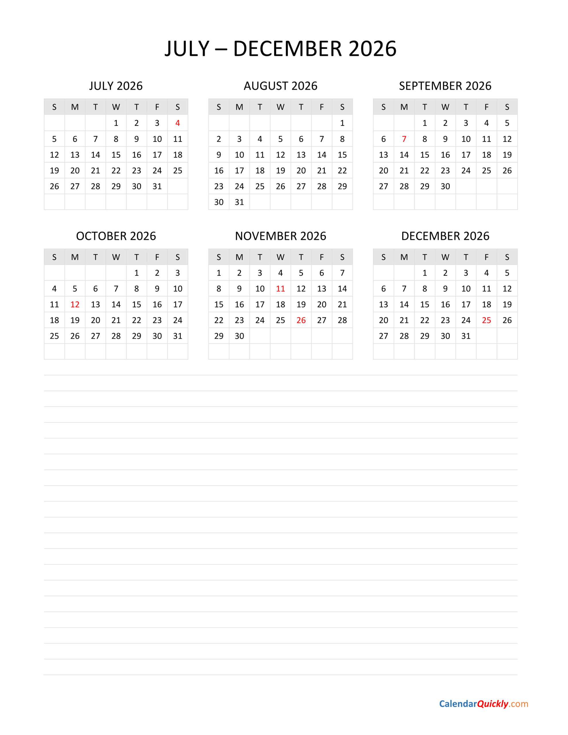 July To December 2026 Calendar With Notes Calendar Quickly