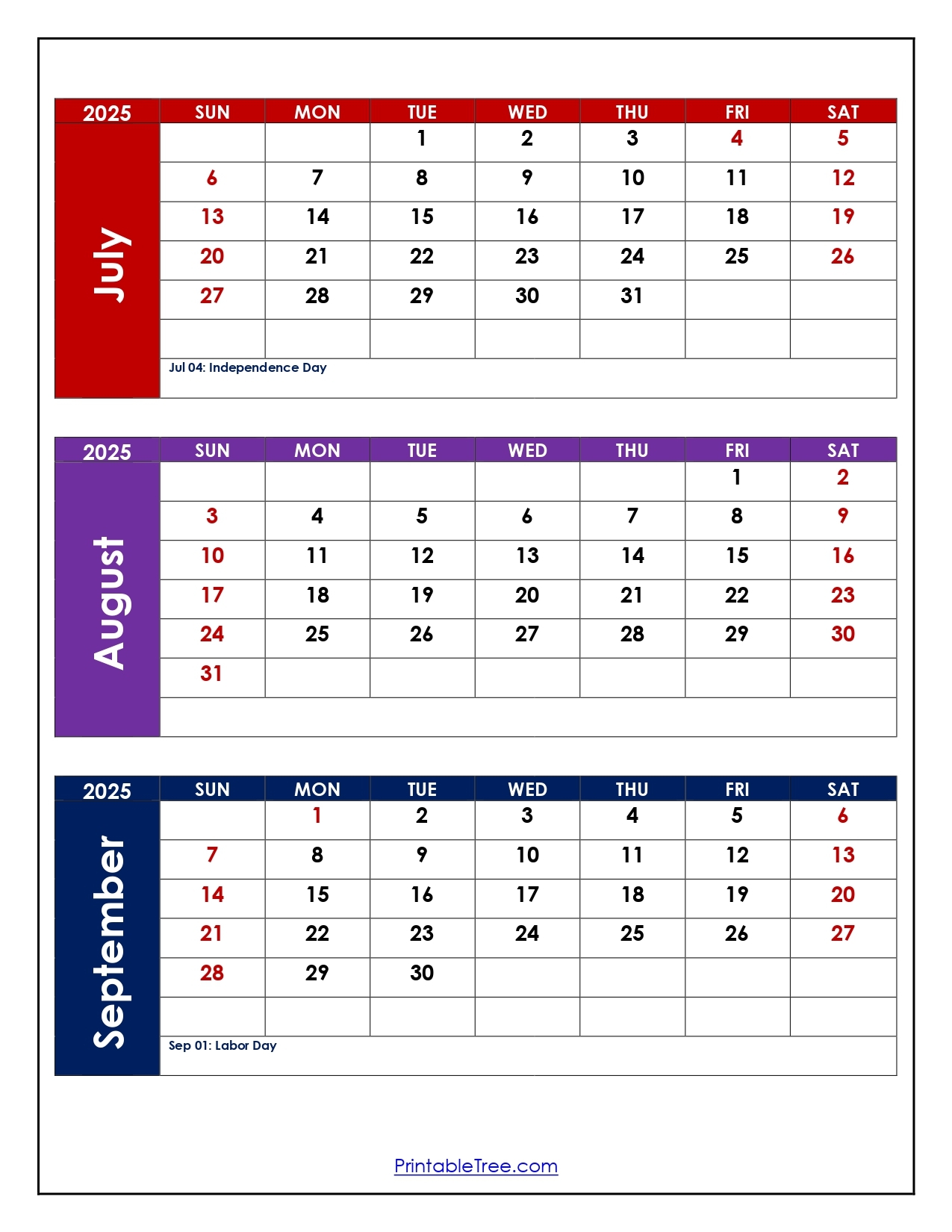 July To September 2025 Calendar Printable PDF Three Months Calendar