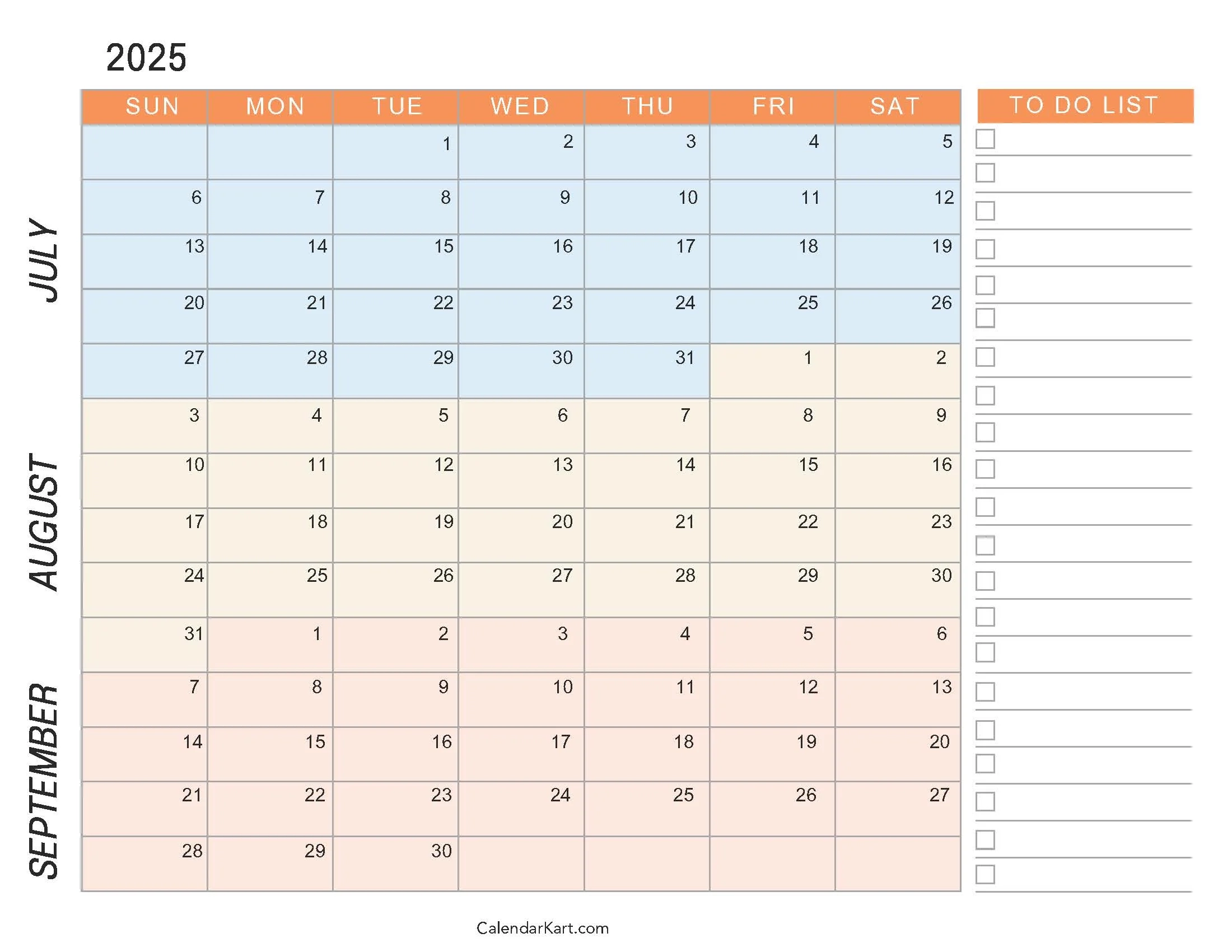 July To September 2025 Calendar