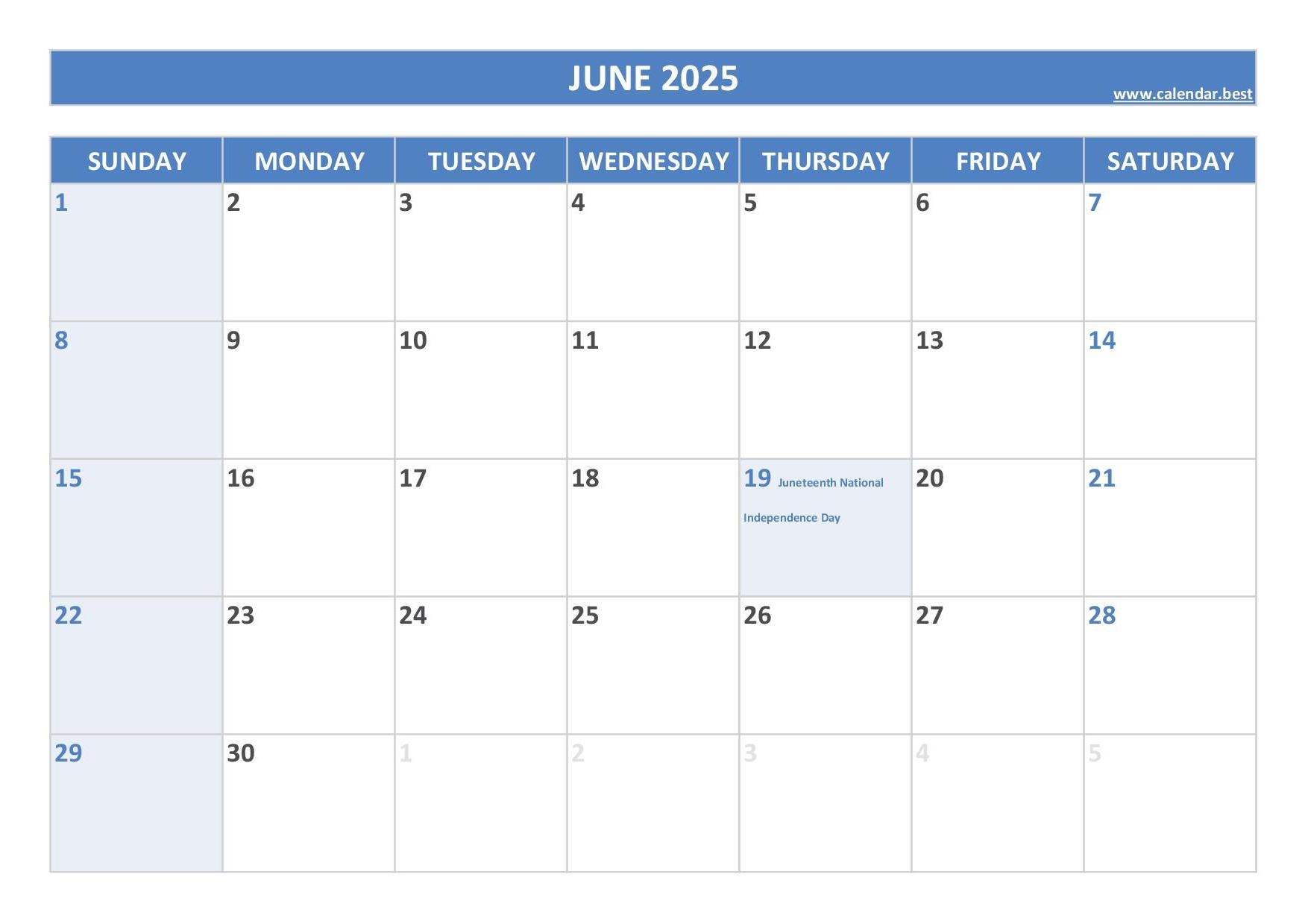 Calendar For June 2025 With Holidays
