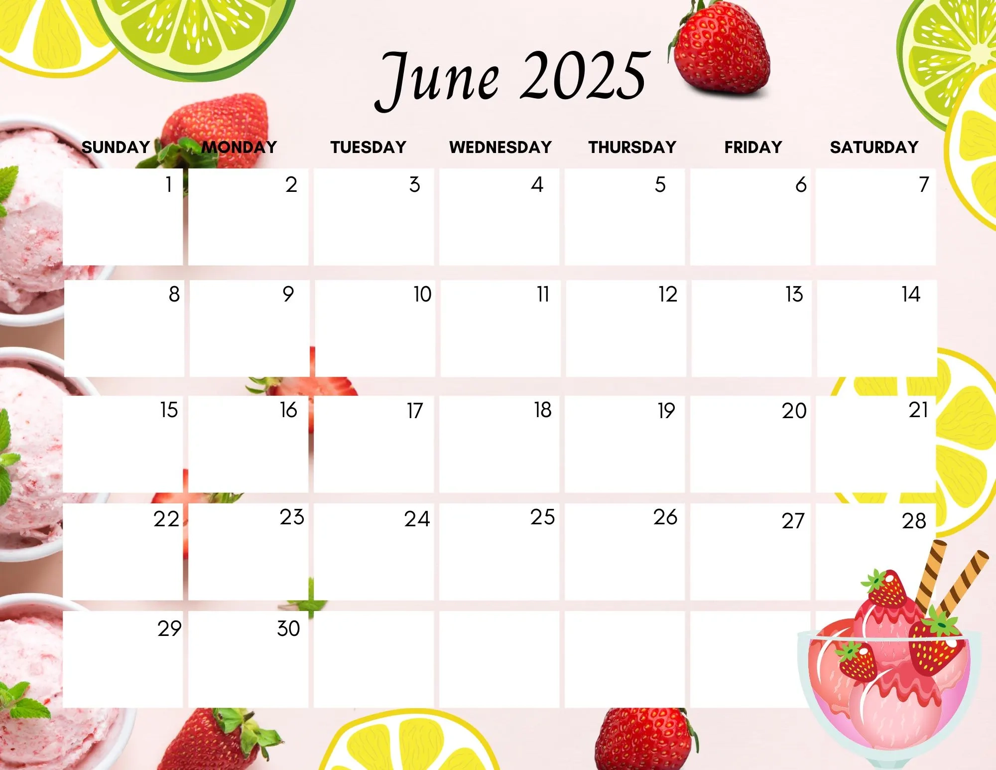 June 2025 Calendar Cute Colorful Calendar Fresh Strawberries 