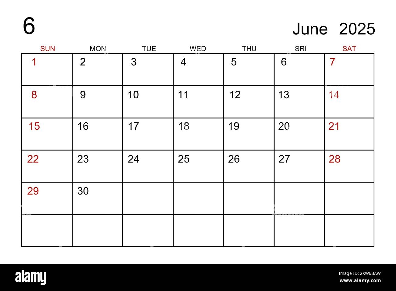 June 2025 Calendar Template On White Paper Background Stock Photo 
