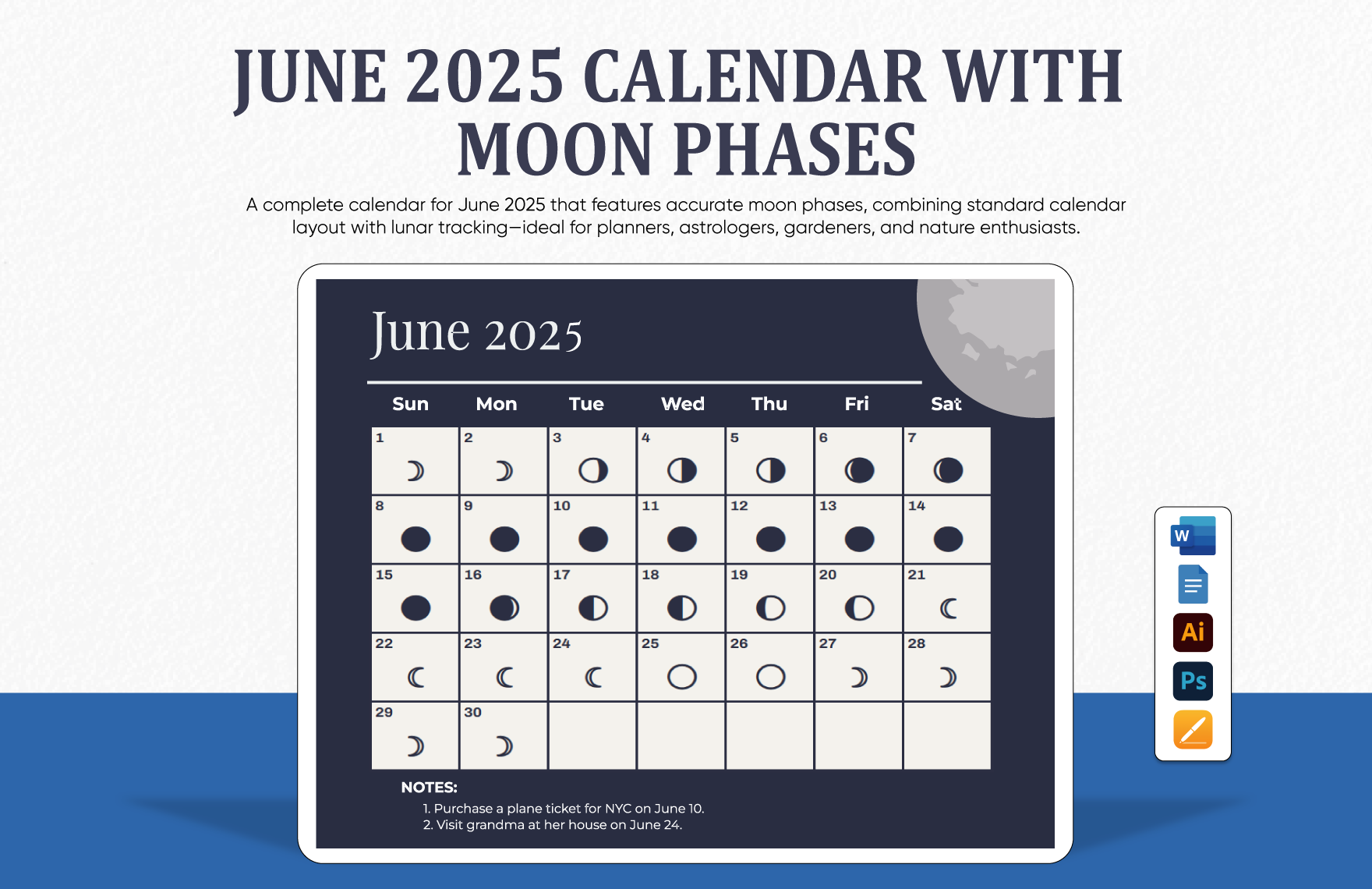 June 2025 Calendar Template With Moon Phases In PSD Illustrator 