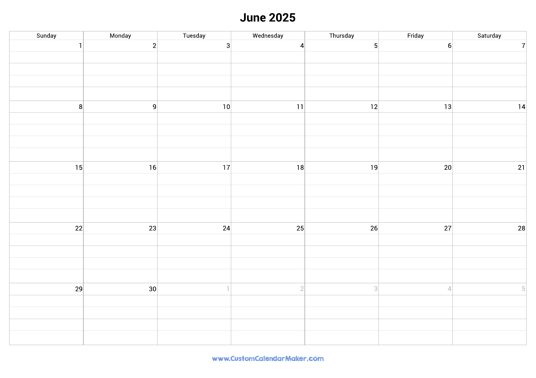 June 2025 Fillable Calendar Grid With Lines Custom Calendar Maker