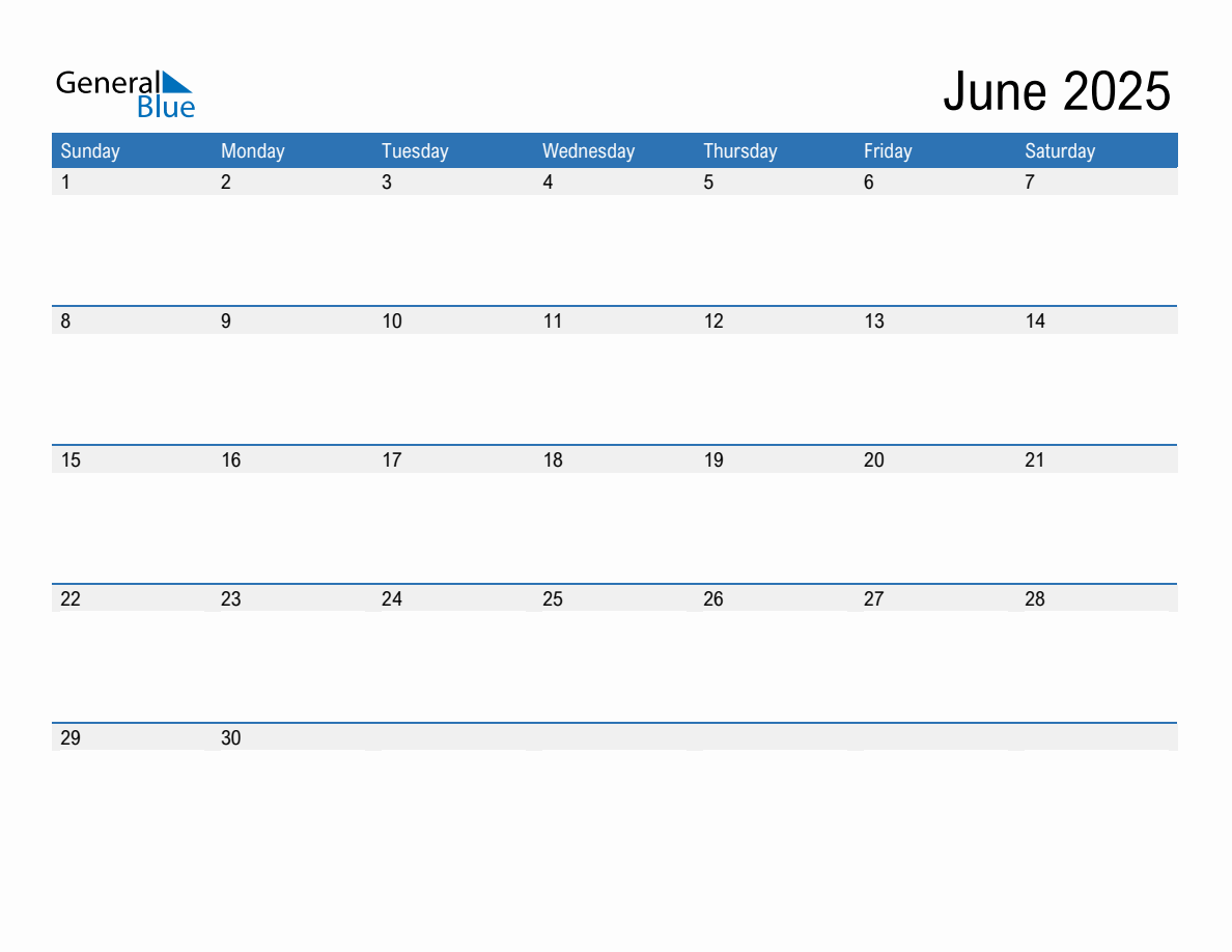 June 2025 Monthly Calendar PDF Word Excel 