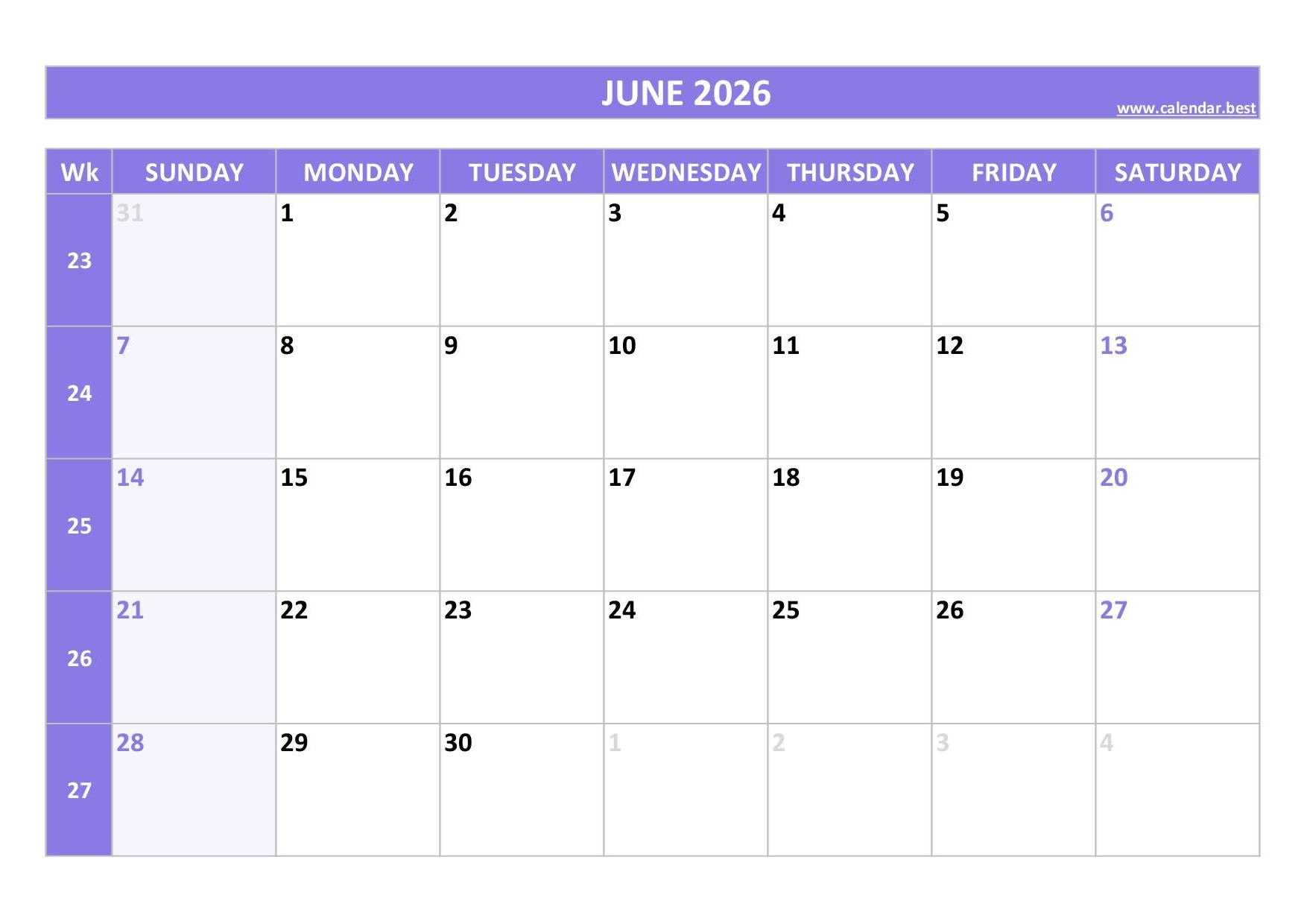 June 2026 Calendar Calendar best