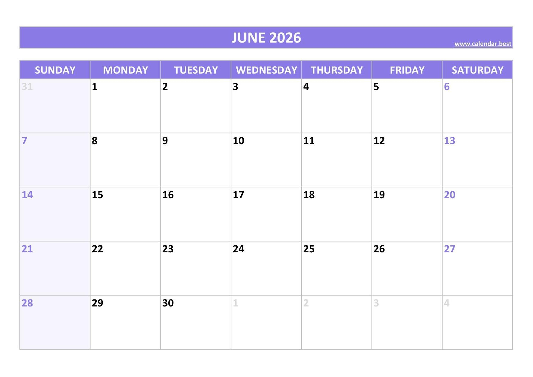 June And July Calendar 2026