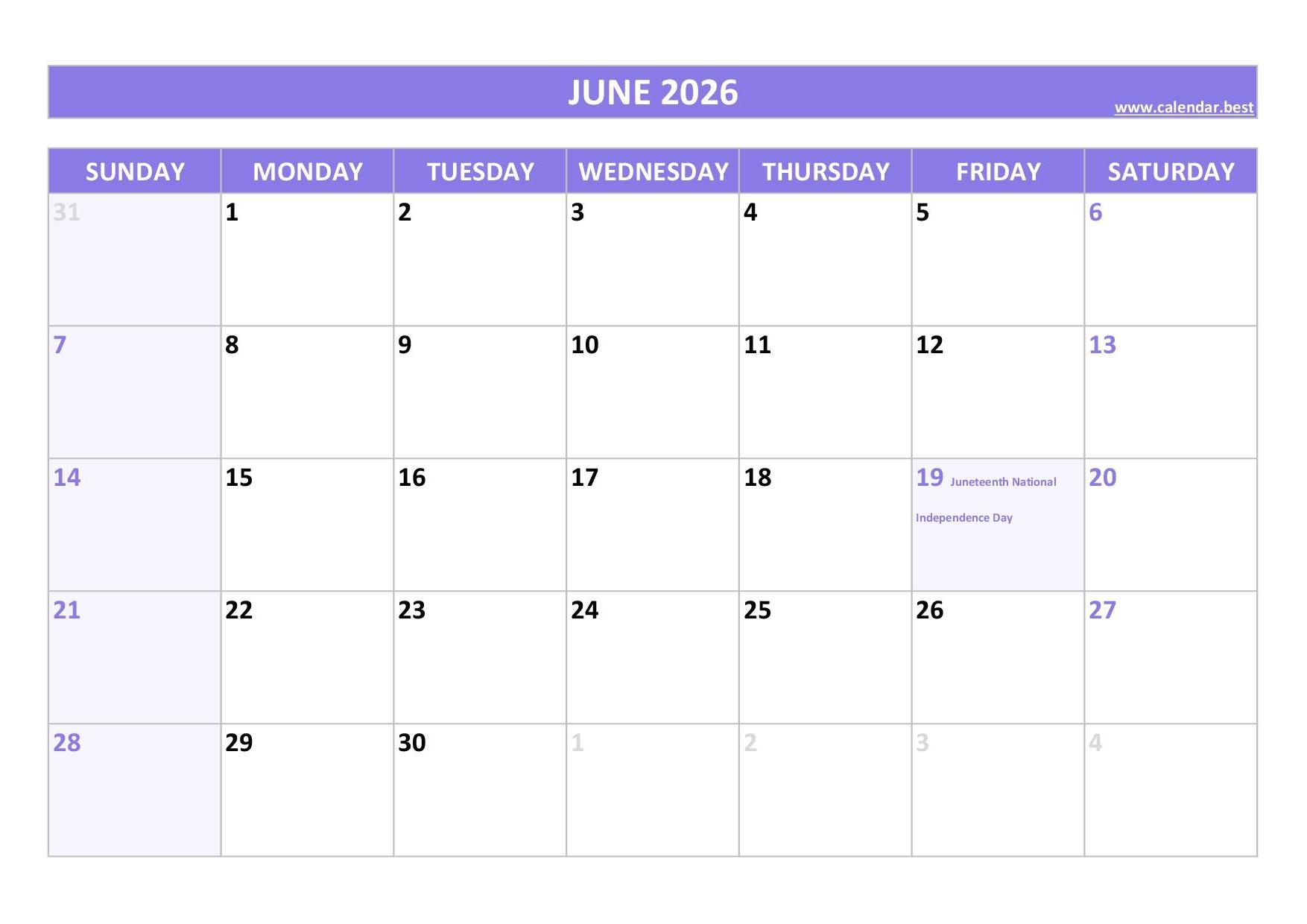 June 2026 Calendar Images