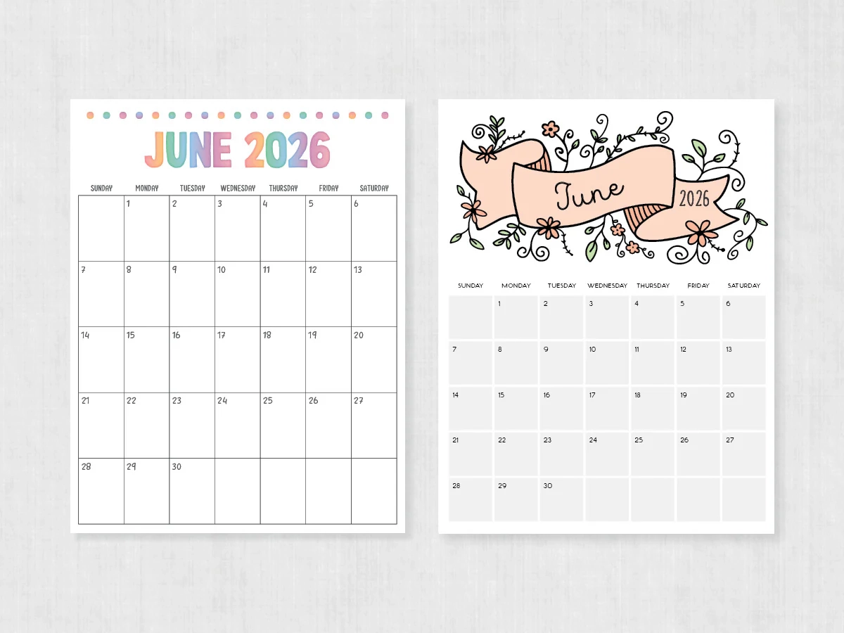 June 2026 Calendar Printable PDF Templates