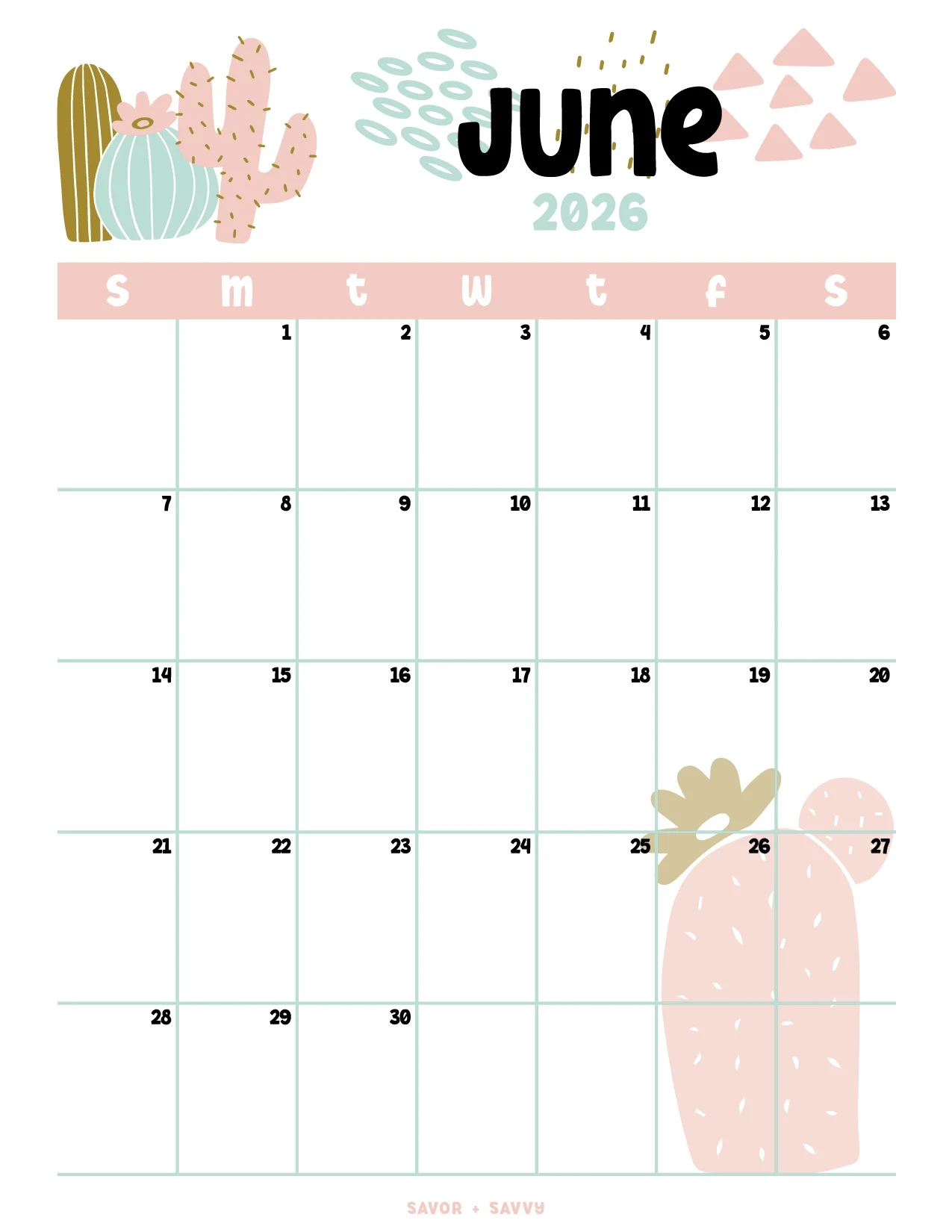 Cute June 2026 Calendar Printable
