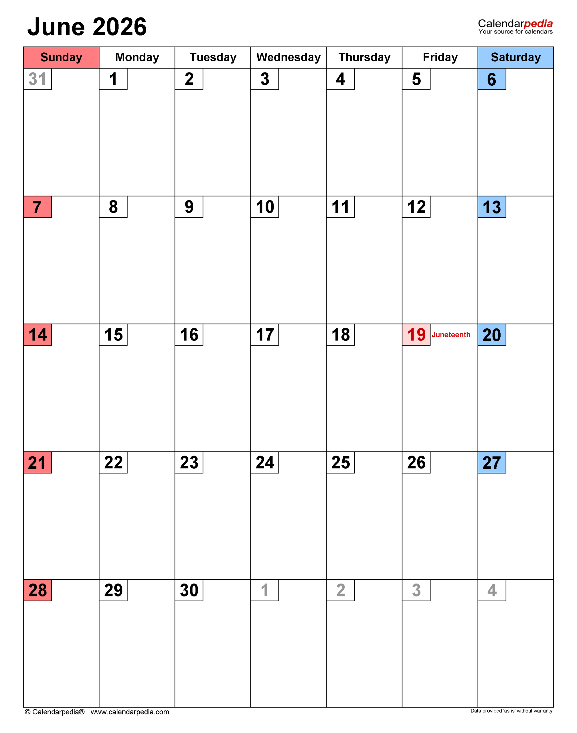 June 2026 Calendar Templates For PDF Excel And Word