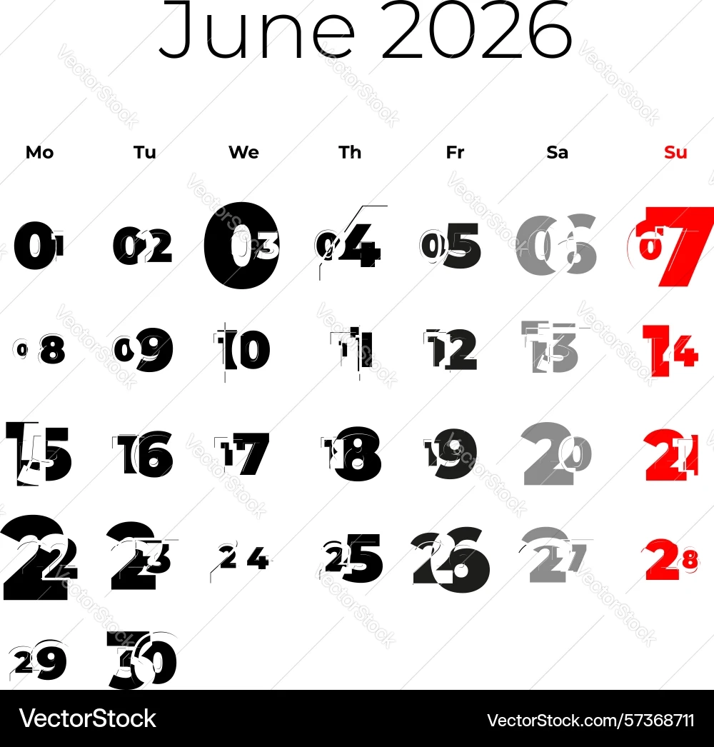 June 2026 Calendar The Week Starts On Monday Royalty Free Vector 