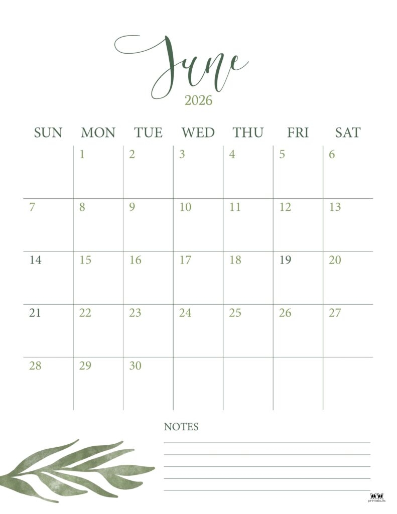 Blank Printable June 2026 Calendar