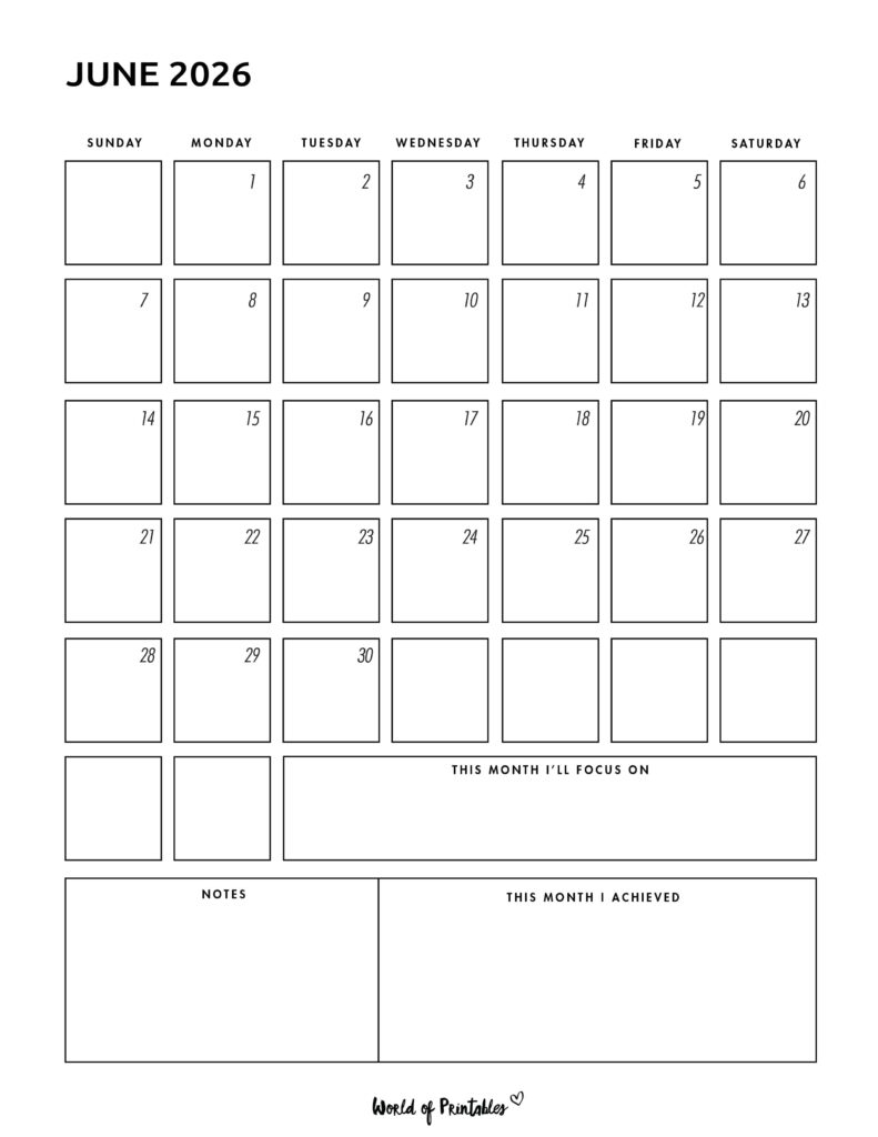 Printable Blank June 2026 Calendar