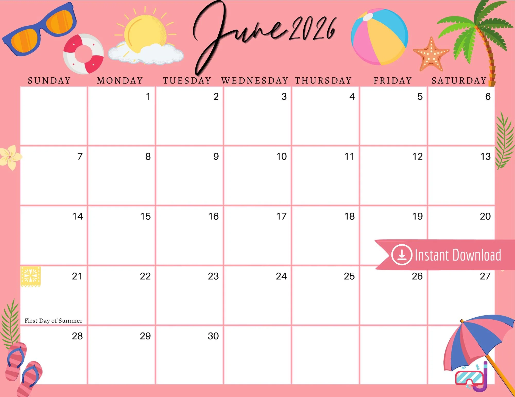 June 2026 Digital Calendar Pink Summer Planner PDF PNG JPG 