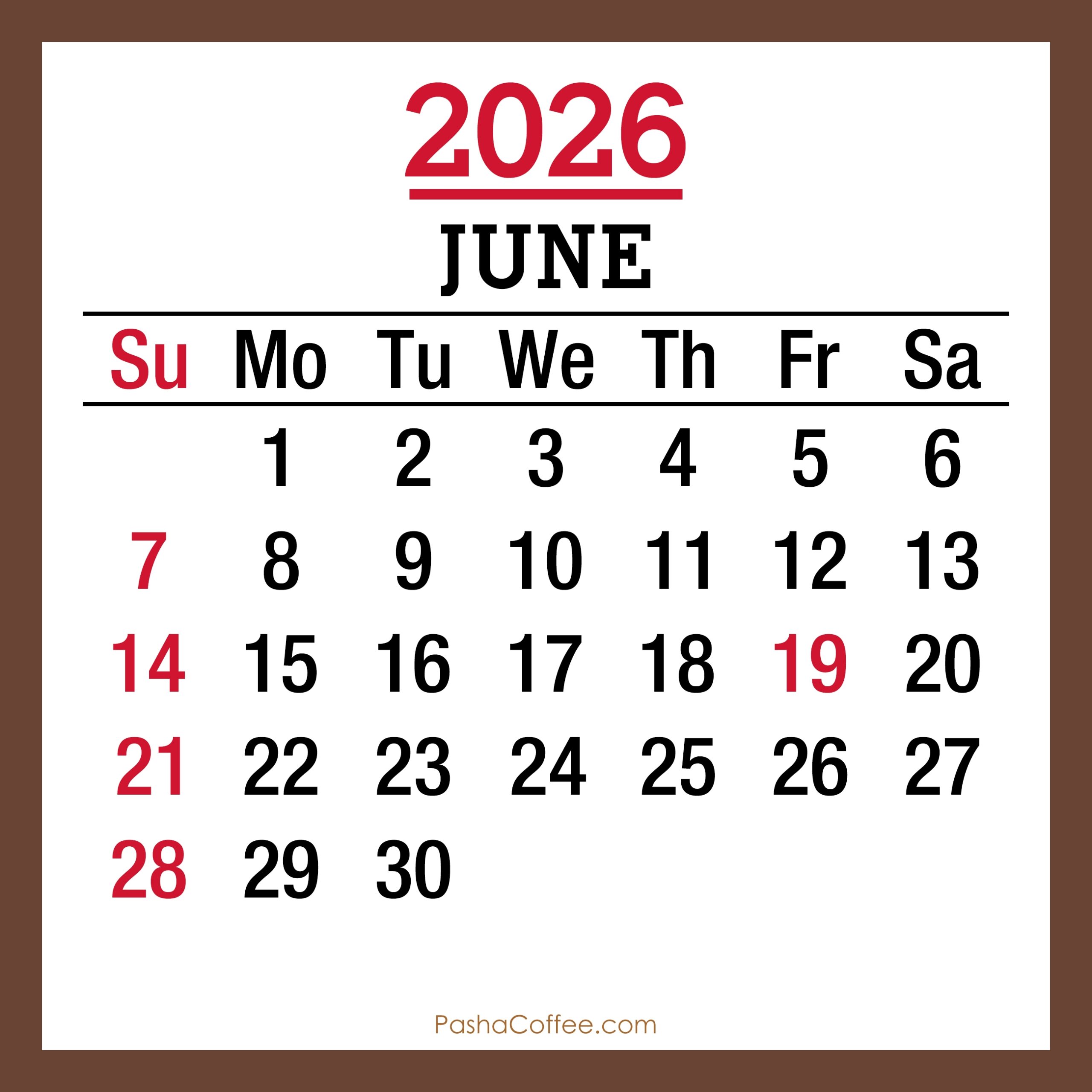 June 2026 Monthly Calendar With Holidays Printable Free Sunday 