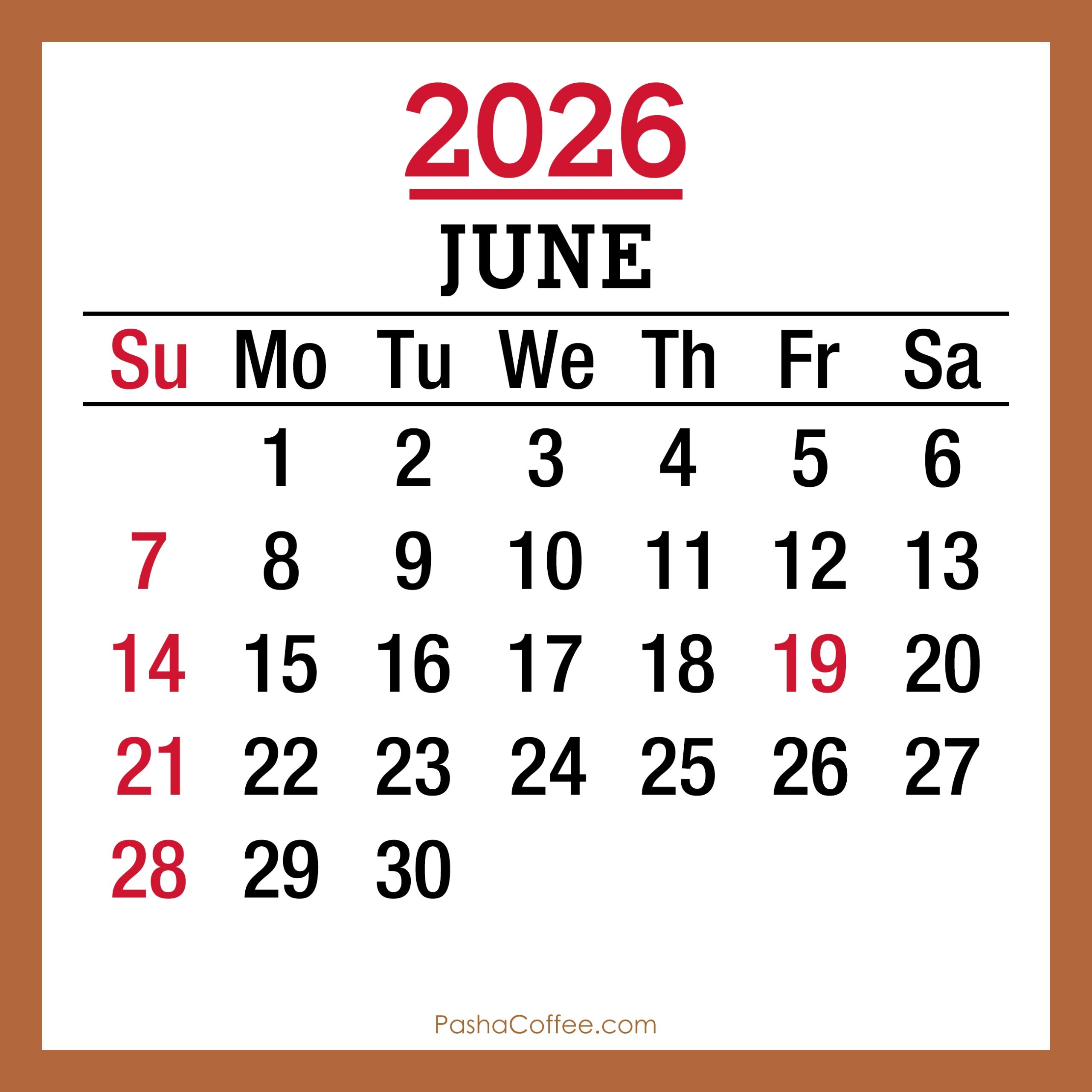 June 2026 Monthly Calendar With Holidays Printable Free Sunday 