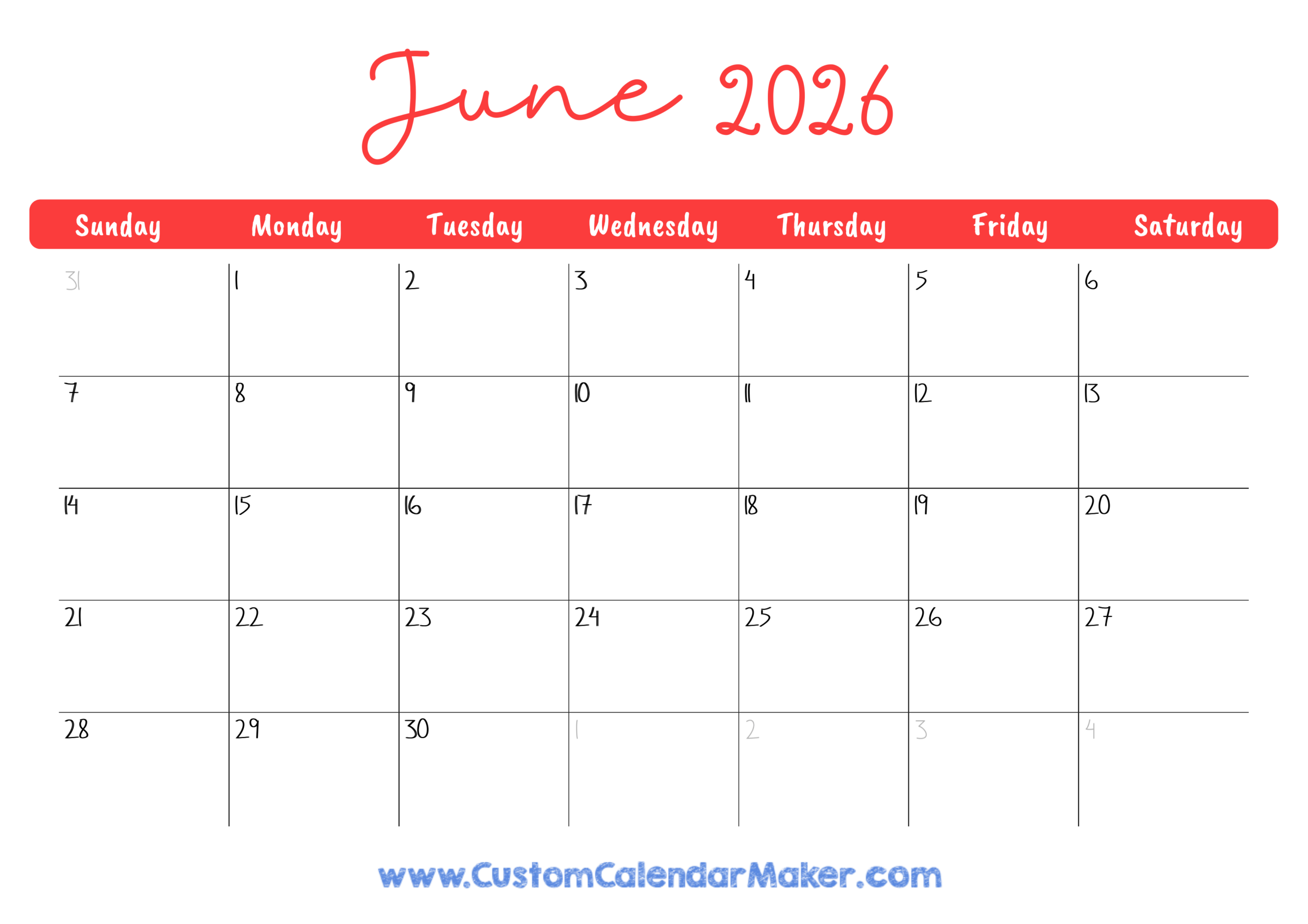 June 2026 Printable Calendar 23 Free Templates PDF Custom 