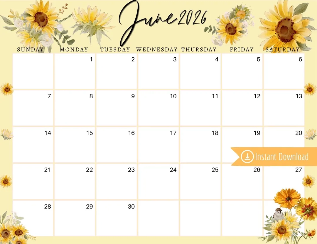 June 2026 Sunflower Calendar Printable Planner PDF PNG JPG 