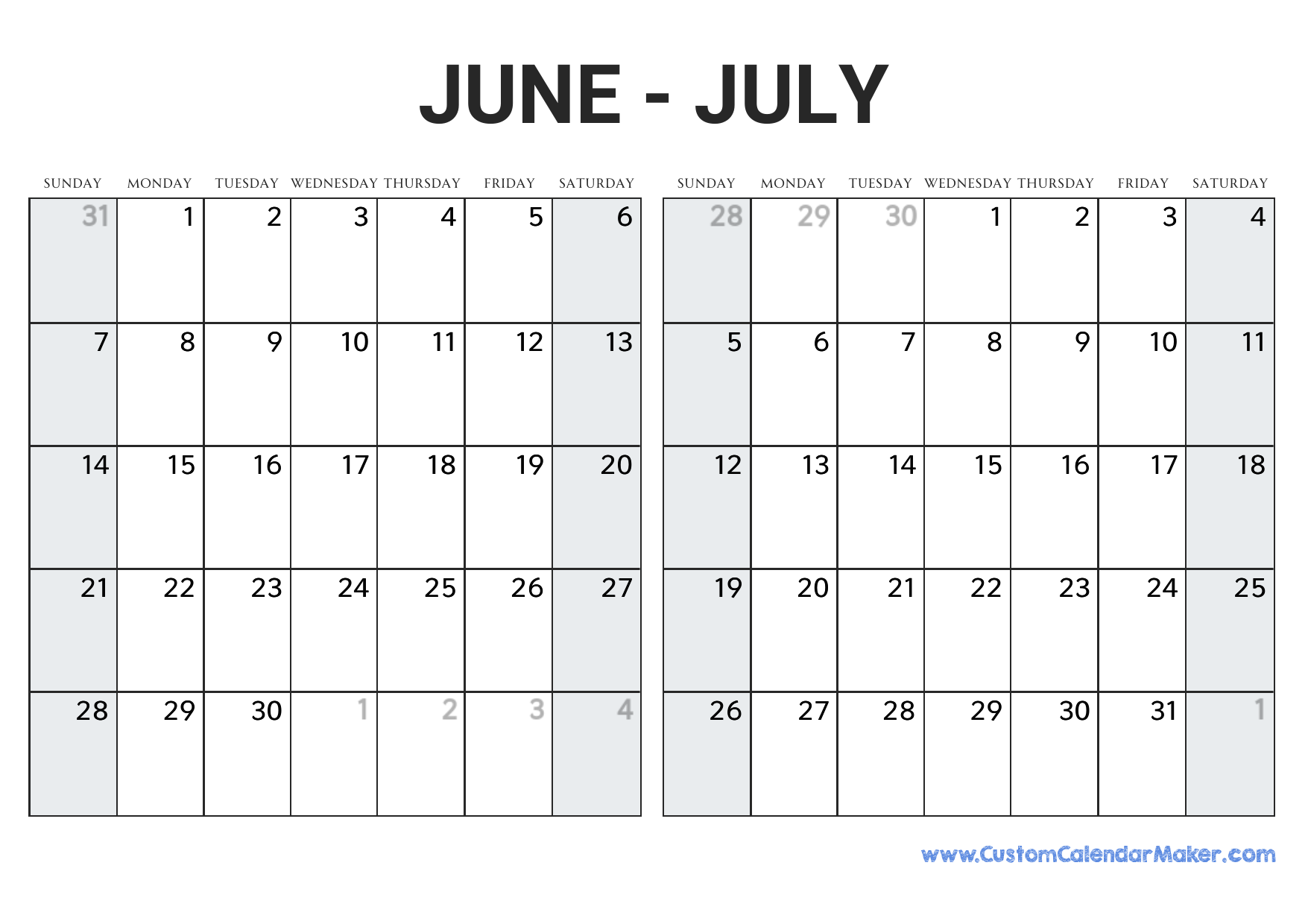 June And July 2026 Calendar Custom Calendar Maker