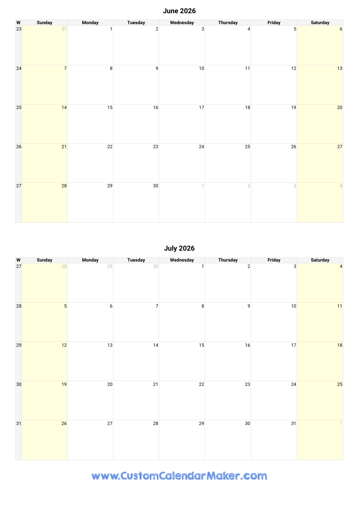 June And July 2026 Calendar Custom Calendar Maker