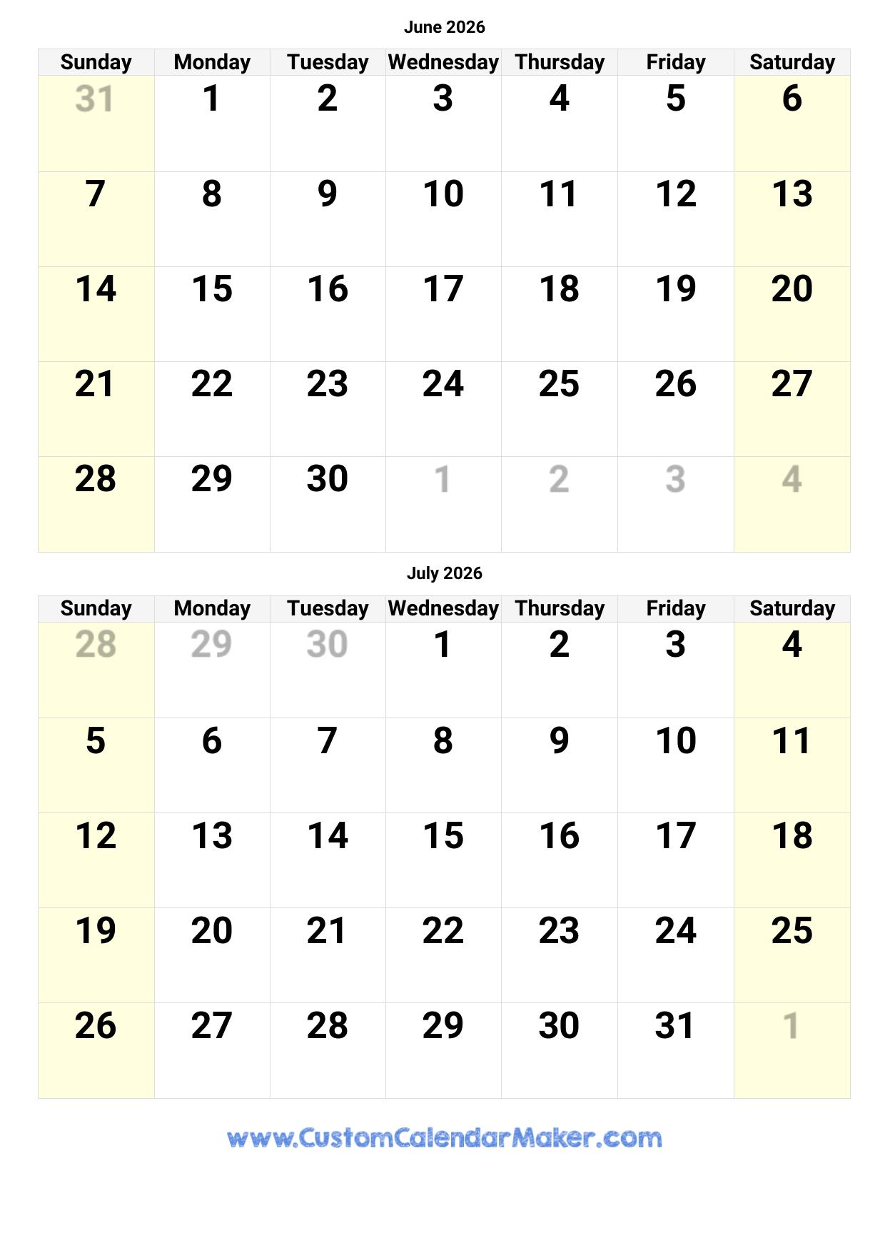 June And July 2026 Calendar Custom Calendar Maker