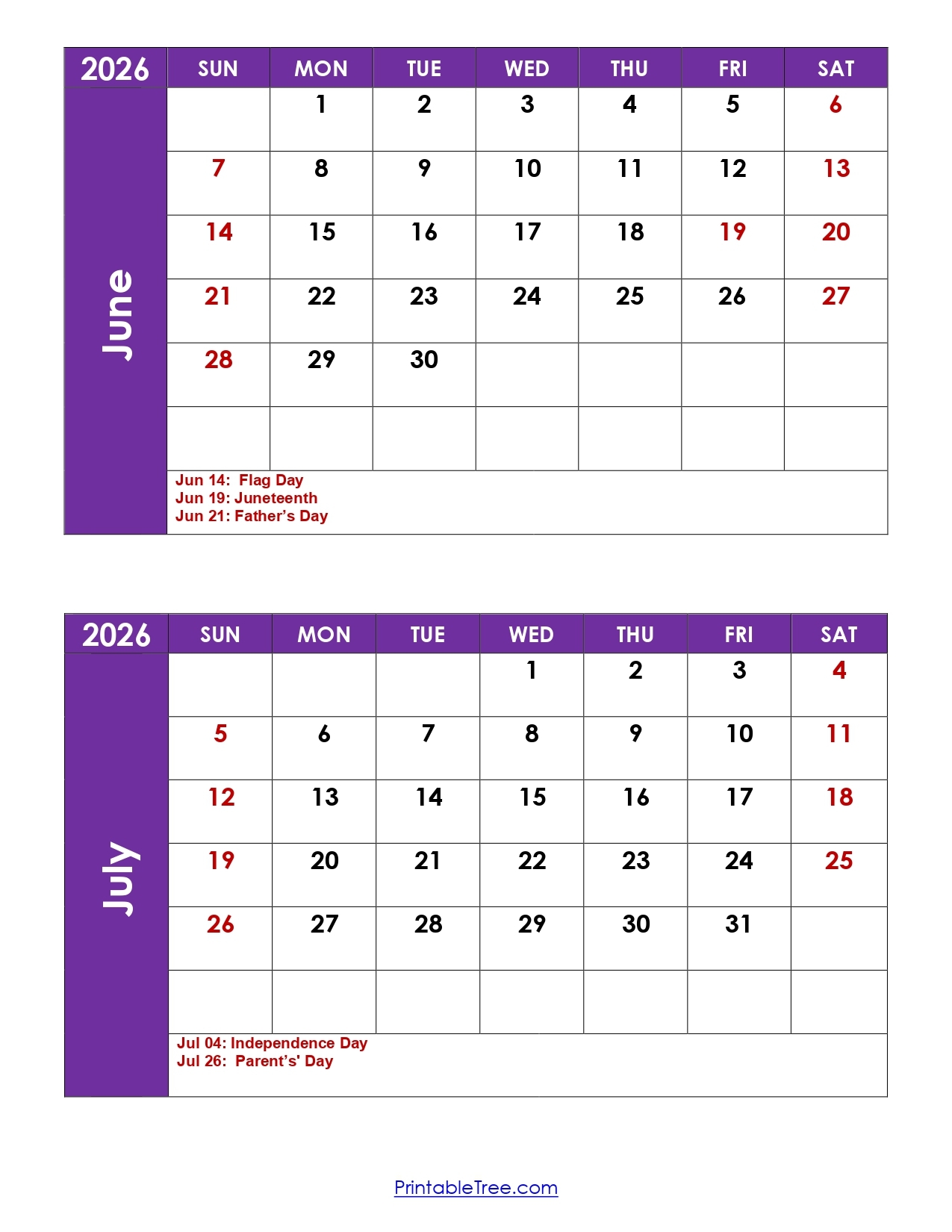 Printable Calendar 2026 June July August