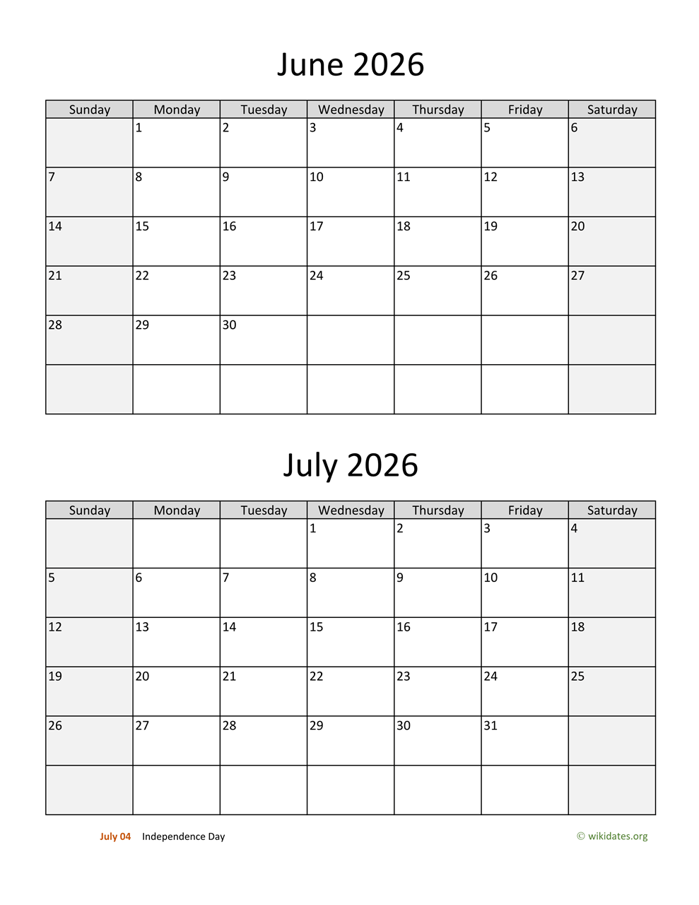 June And July 2026 Calendar Printable