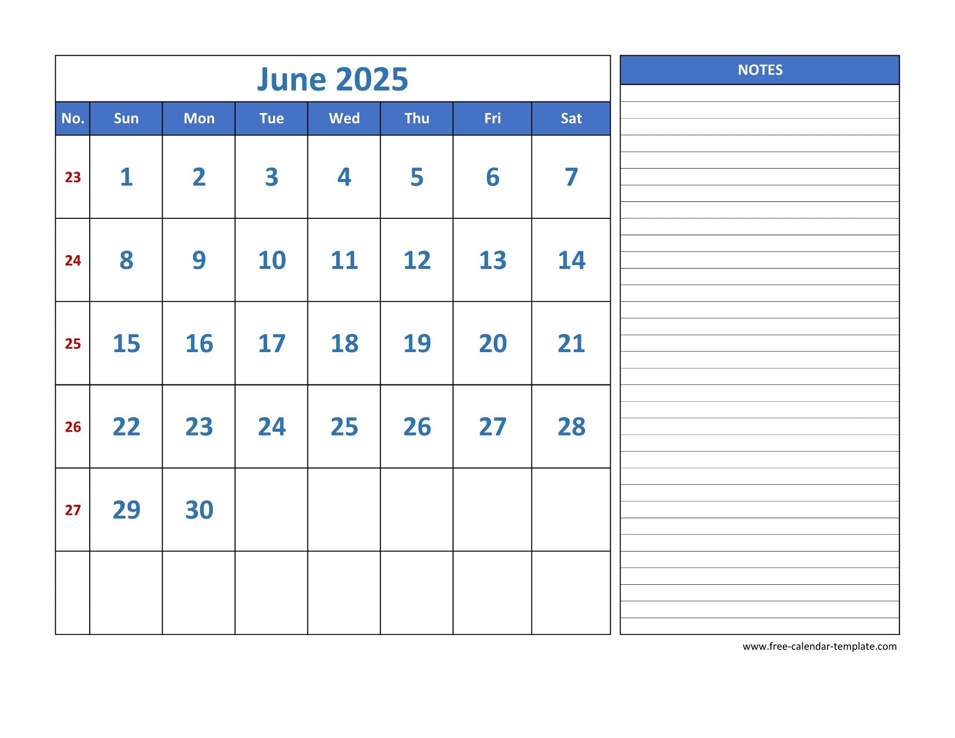 June Calendar 2025 Grid Lines For Holidays And Notes horizontal 