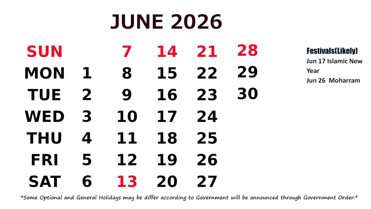 June Calendar 2026 YouTube